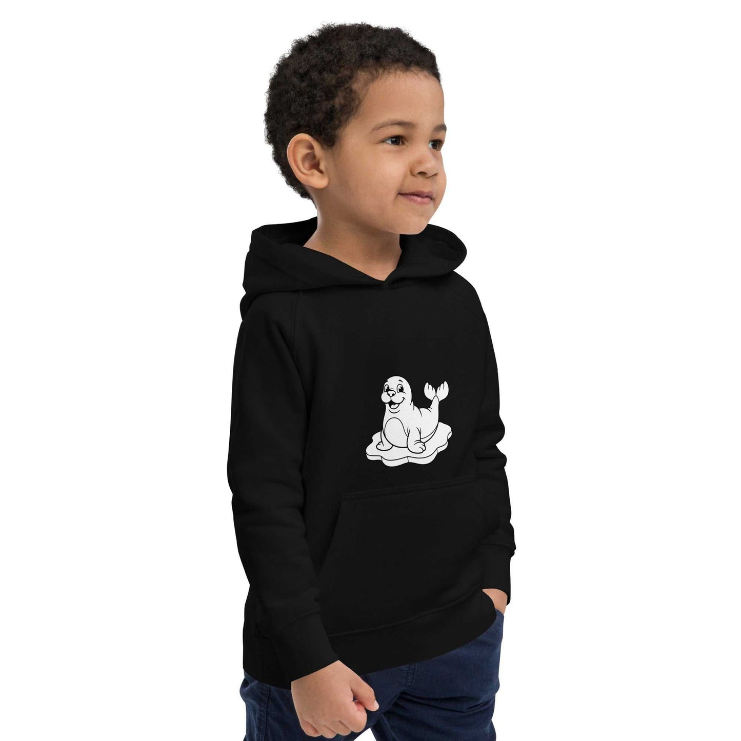 Side profile of child in black kids eco hoodie with seal graphic, organic cotton for eco-conscious comfort.
