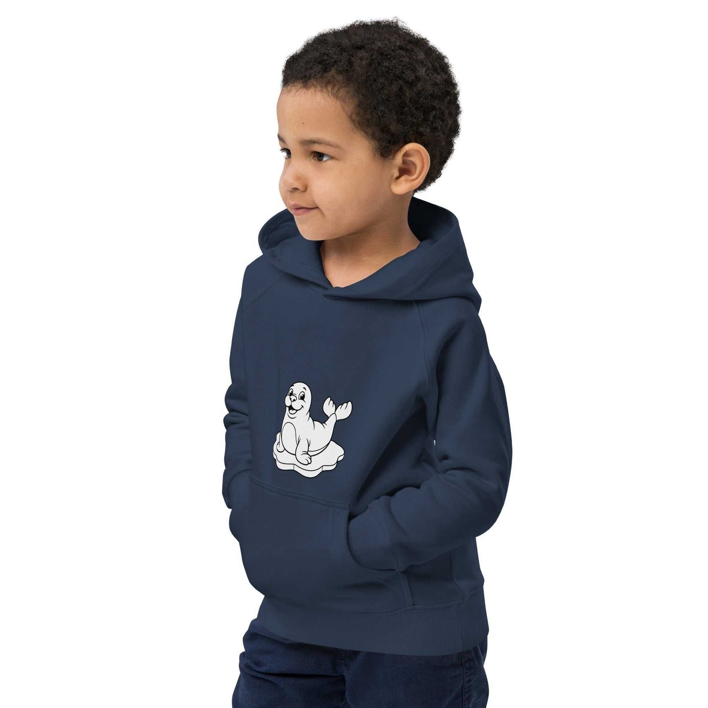 Child in navy kids eco hoodie with seal print, side angle highlights organic cotton fabric and cozy fit.
