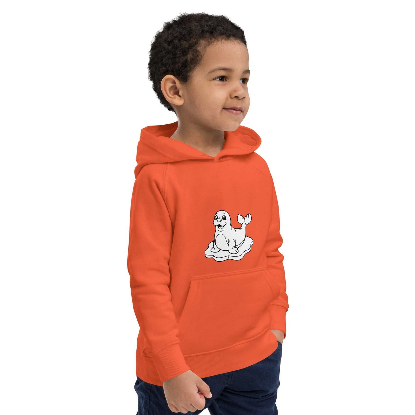 Kids Eco Hoodie in orange with cute seal design, made from organic cotton. Cozy and safe activewear for children.