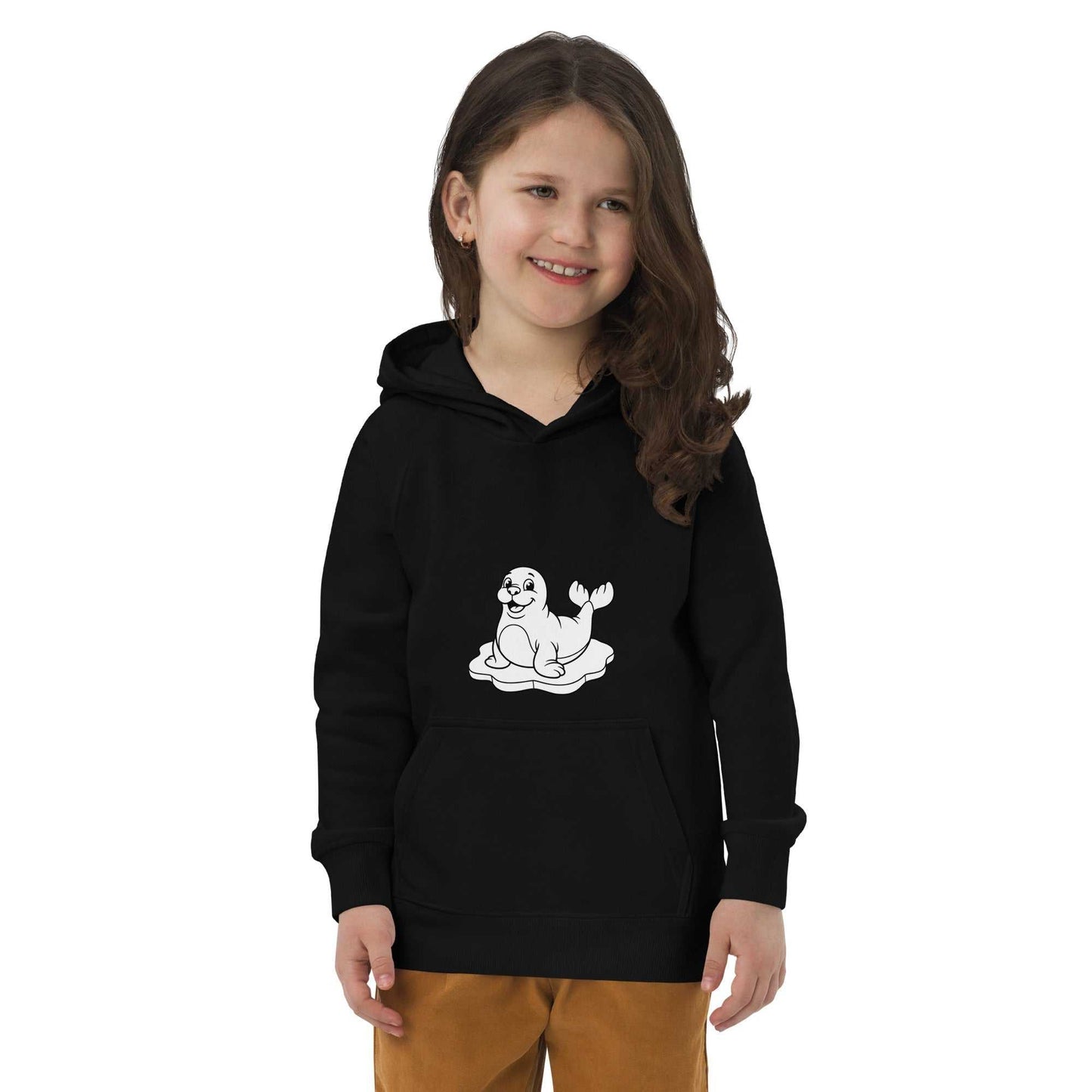 Smiling child wearing black kids eco hoodie with seal print, organic cotton material ensures softness and safety.