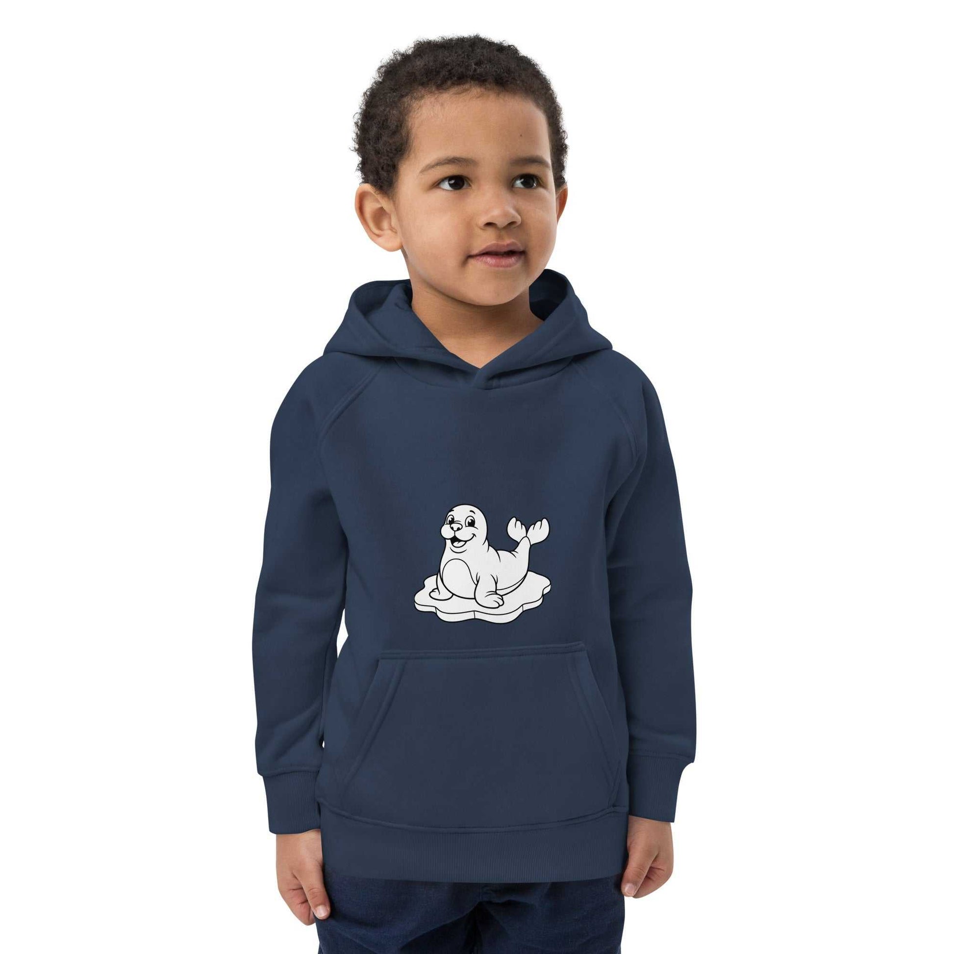 Navy blue kids eco hoodie with seal illustration, worn by child, crafted from organic cotton for soft, safe wear.