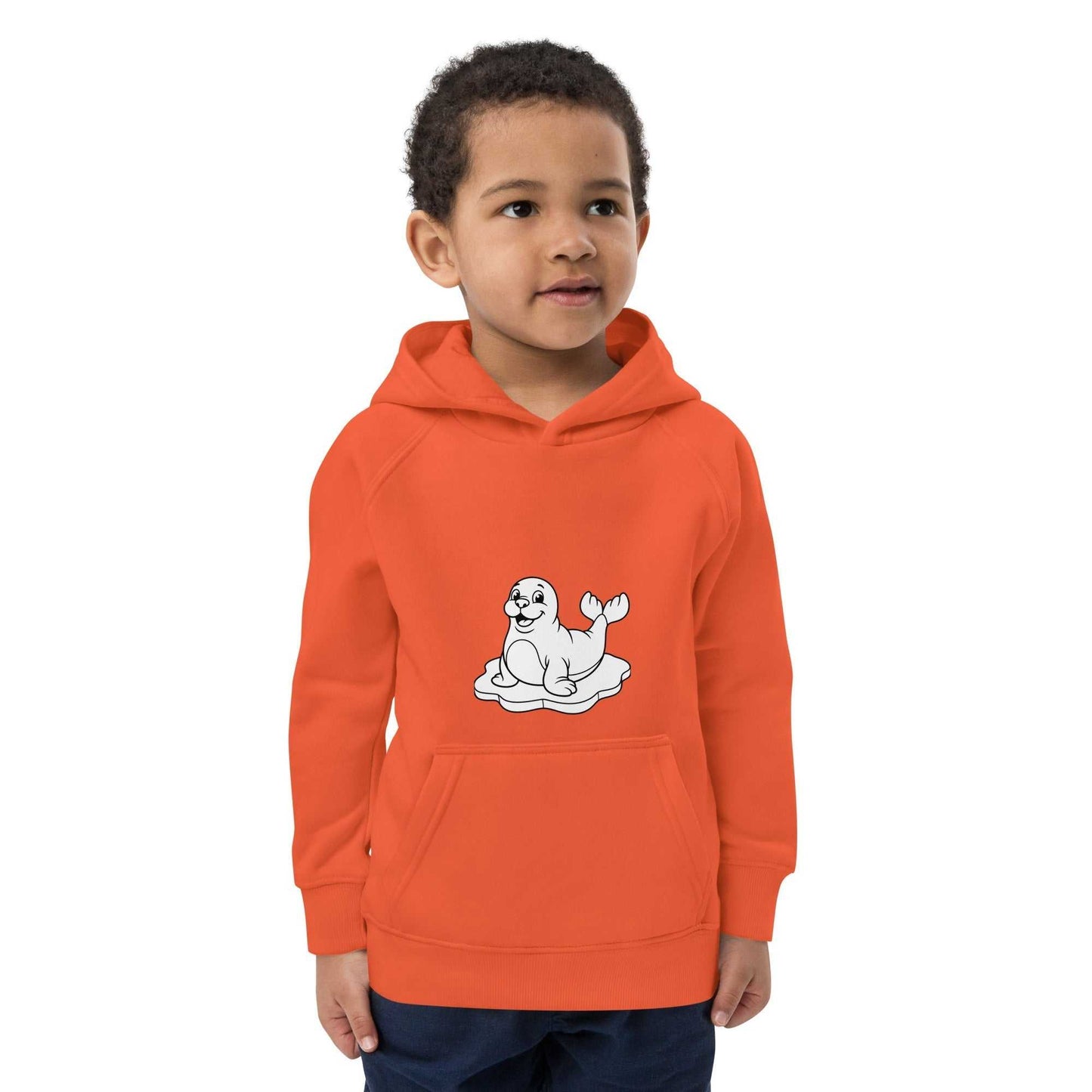 Front view of Kids Eco Hoodie in orange with seal design. Organic cotton hoodie perfect for active and stylish children.