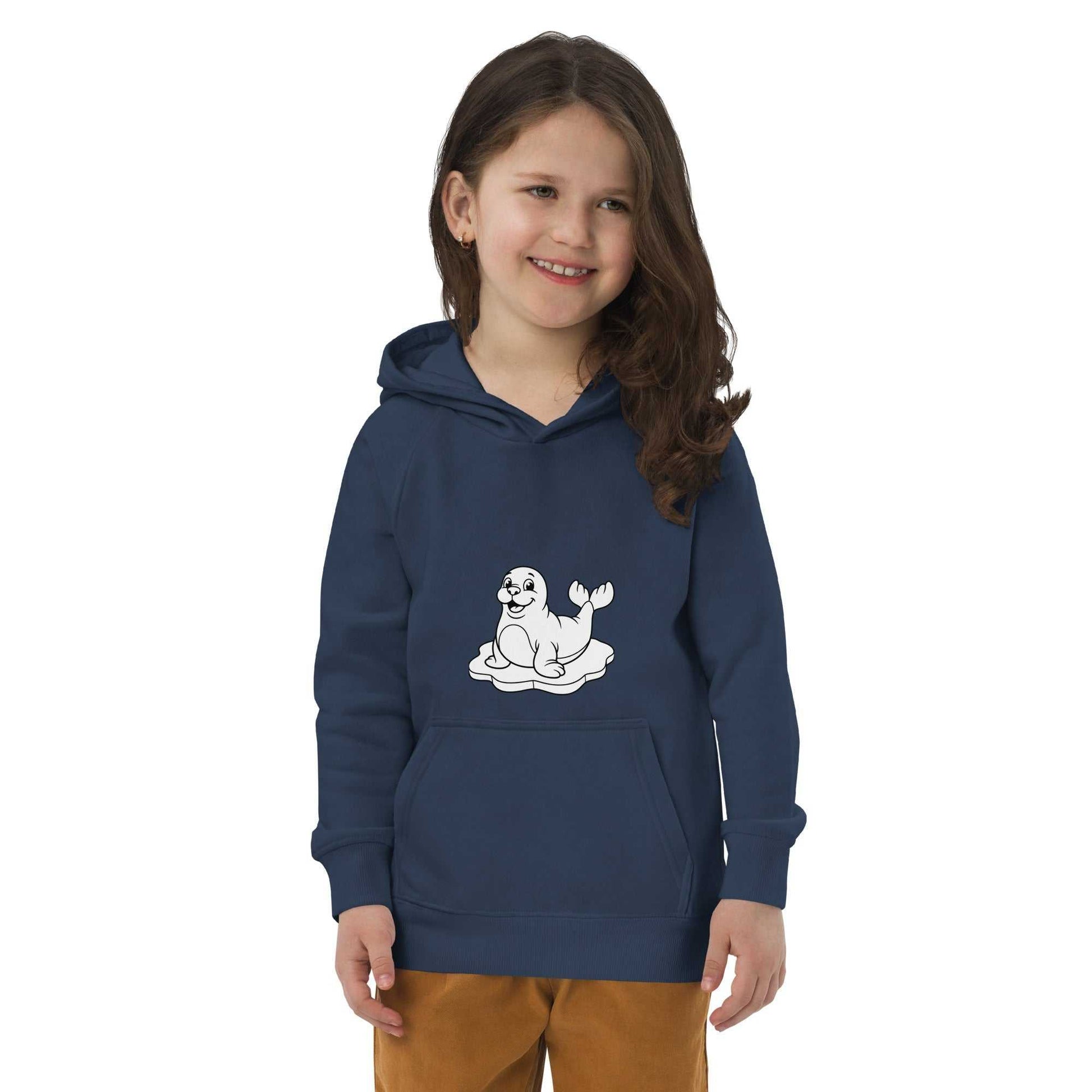 Navy blue Kids Eco Hoodie featuring a seal illustration. Organic cotton hoodie offering comfort and eco-friendly style.