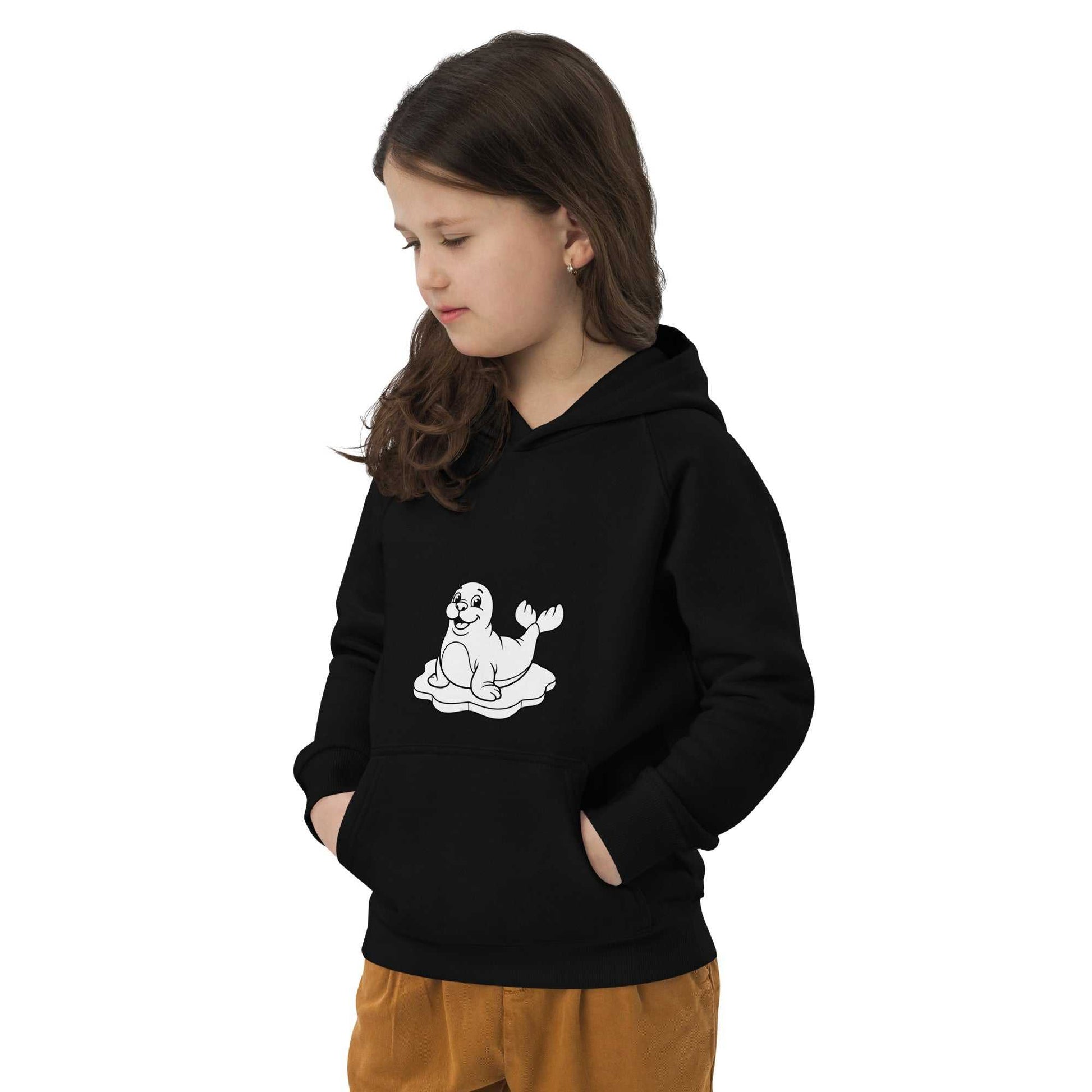 Black Kids Eco Hoodie with seal design, made from organic cotton. Warm and sustainable clothing top for kids.