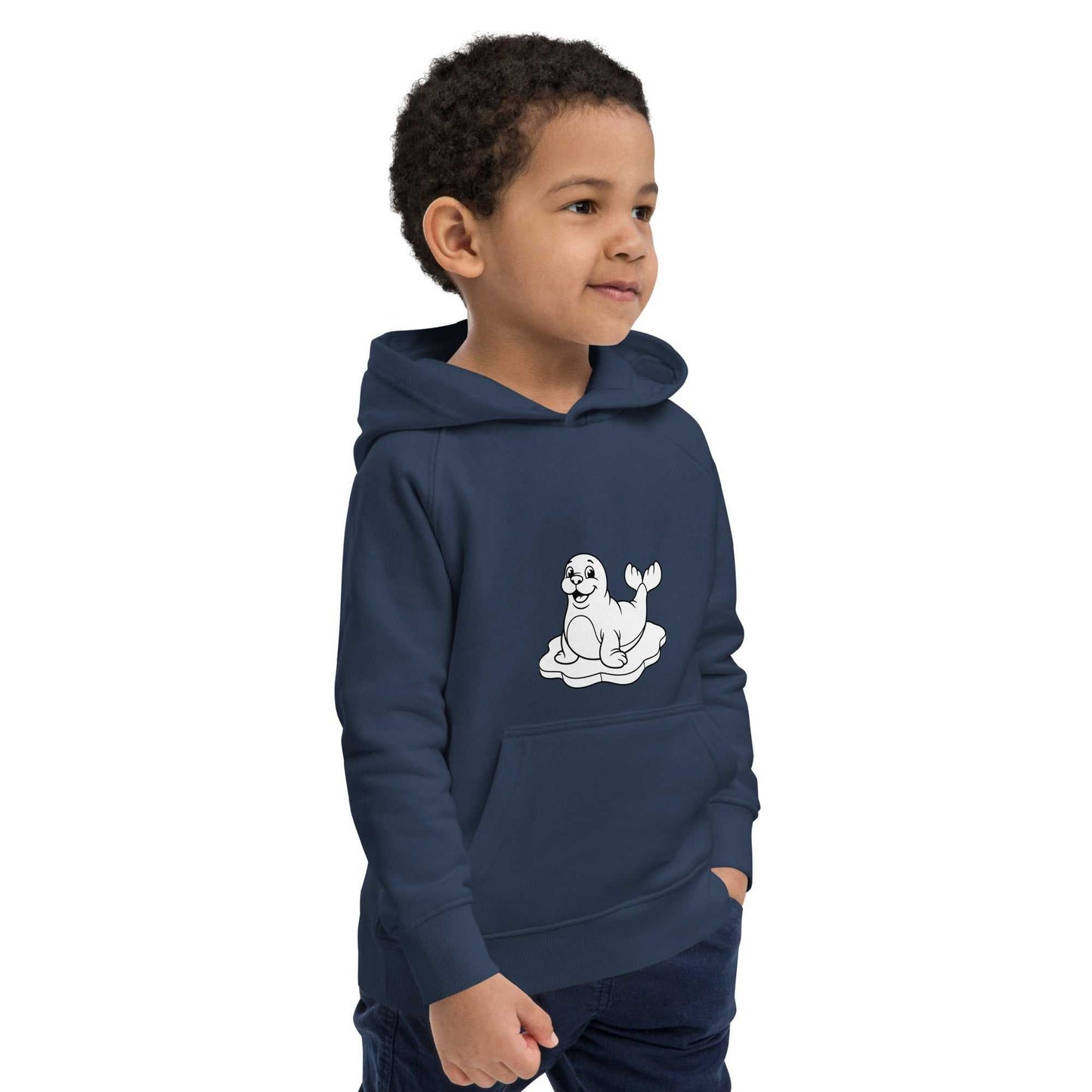 Side view of child in navy kids eco hoodie with seal design, organic cotton ensures comfort and eco-style.