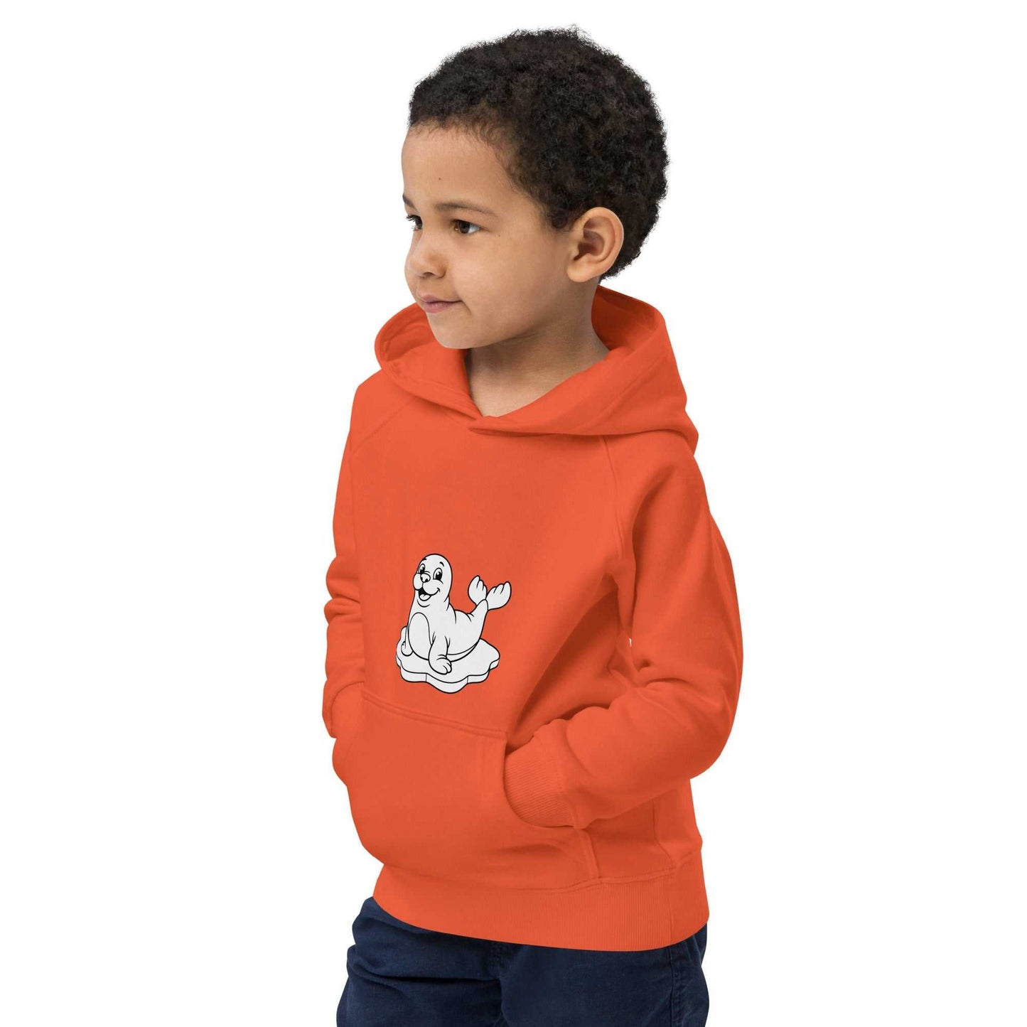 Orange Kids Eco Hoodie featuring a playful seal graphic. Organic cotton hoodie ideal for comfort and eco-conscious kids.