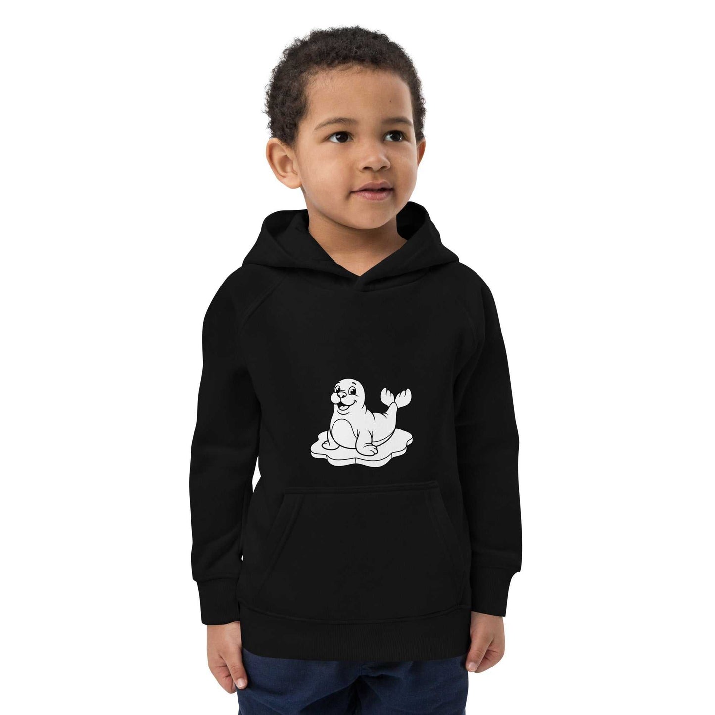 Toddler in black kids eco hoodie with seal design, made from organic cotton for soft, safe, and stylish wear.