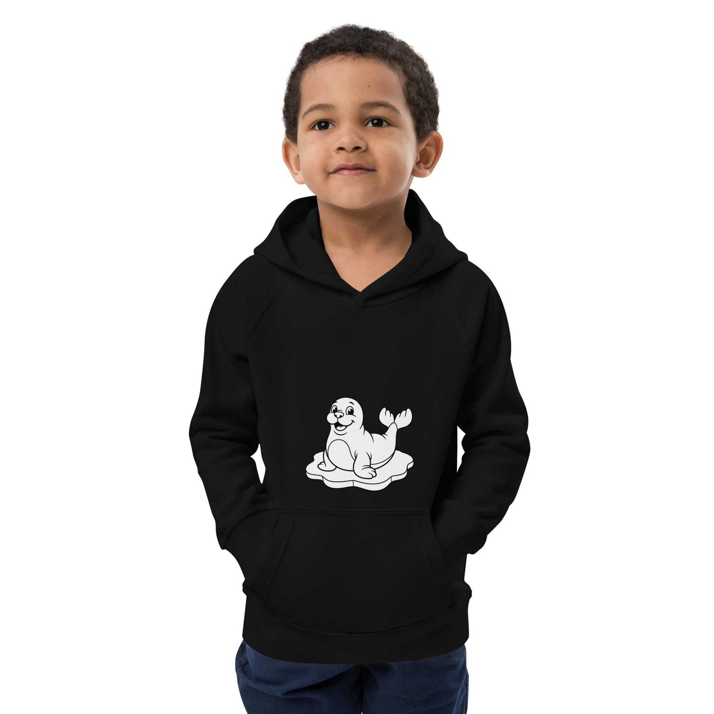 Young boy in black kids eco hoodie with seal illustration, crafted from organic cotton for warmth and eco-conscious style.