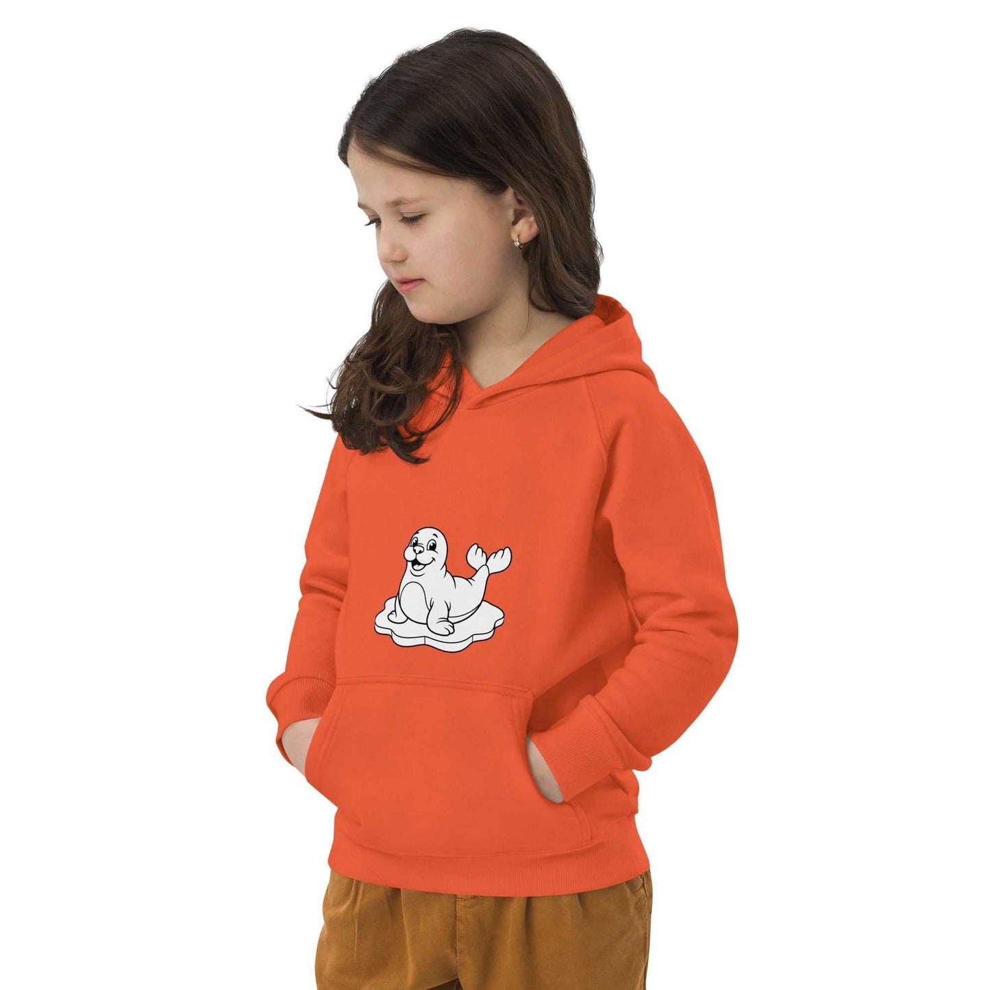 Side view of child in orange kids eco hoodie with seal print, organic cotton ensures comfort and eco-friendliness.