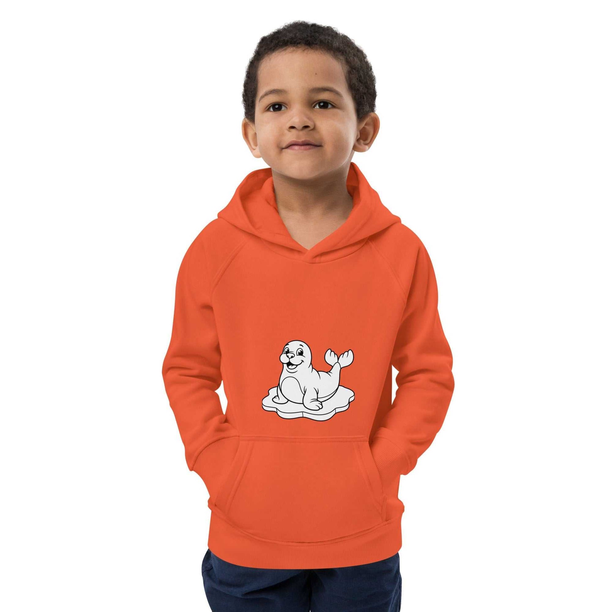 Orange kids eco hoodie with seal design worn by child, made from organic cotton for a cozy and sustainable fit.