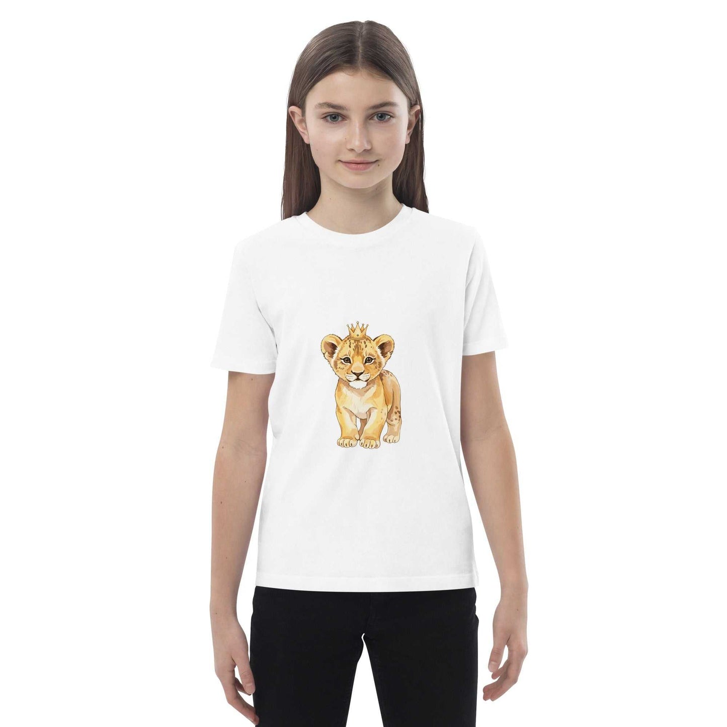 White short-sleeve kids eco t-shirt with baby lion print, ideal for eco-friendly activewear and everyday comfort.