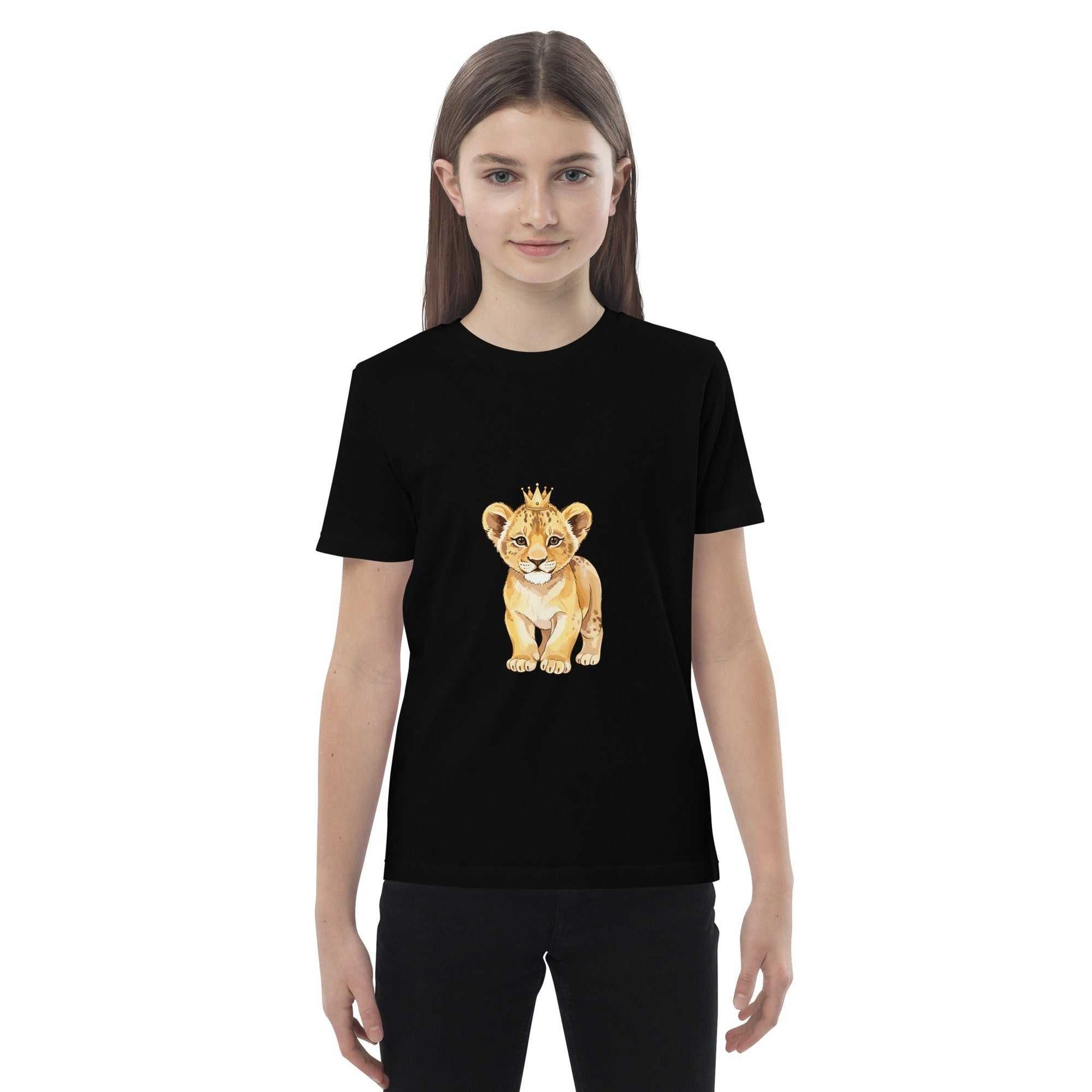 Eco-friendly kids t-shirt in black with baby lion design, crafted from sustainable organic cotton for stylish and ethical clothing.