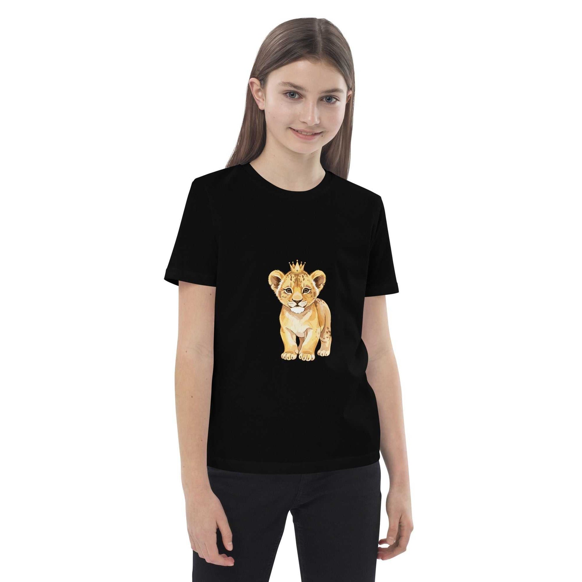 Girl wearing black kids eco t-shirt with baby lion design, organic cotton for natural quality and eco-conscious apparel.