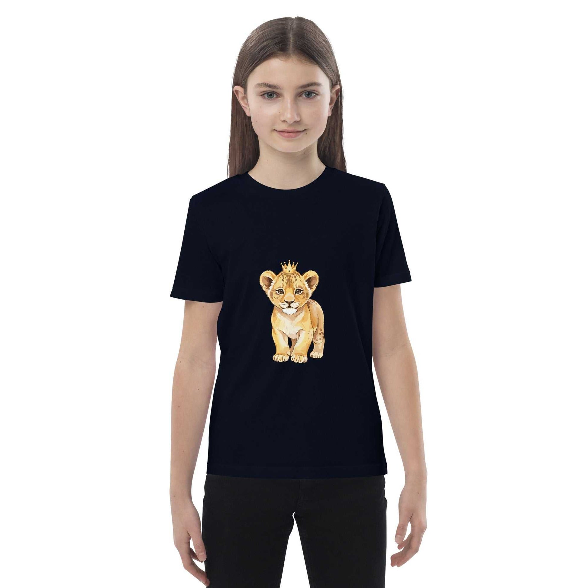 Navy blue kids eco t-shirt with baby lion graphic, made from organic cotton for sustainable and stylish children's wear.