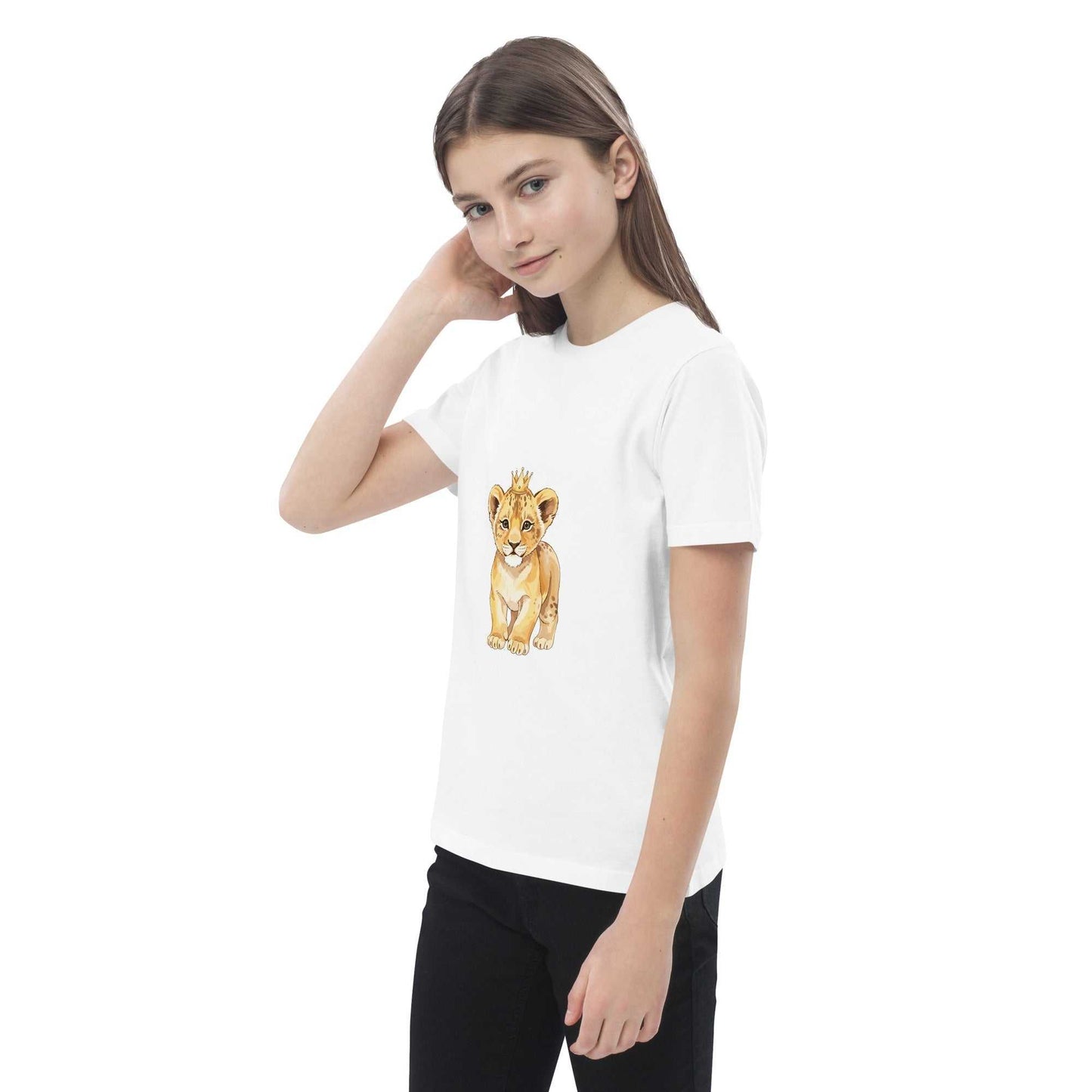 Kids eco t-shirt in white with baby lion design, made from organic cotton for sustainable kidswear in natural quality apparel.