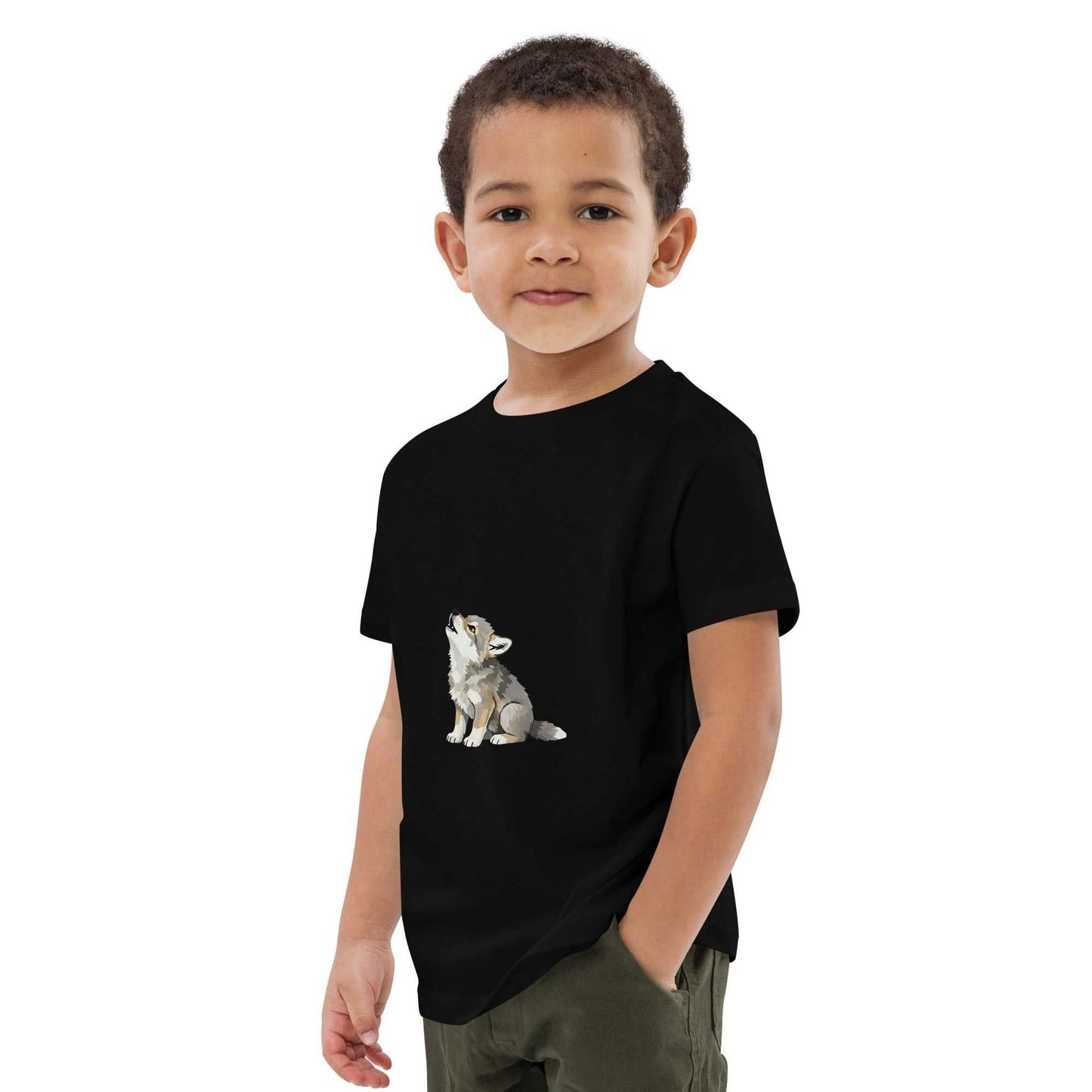 Side view of child in black Kids Organic Cotton T-Shirt with Baby Wolf Design from HenryPawHaven. GOTS certified and comfortable.
