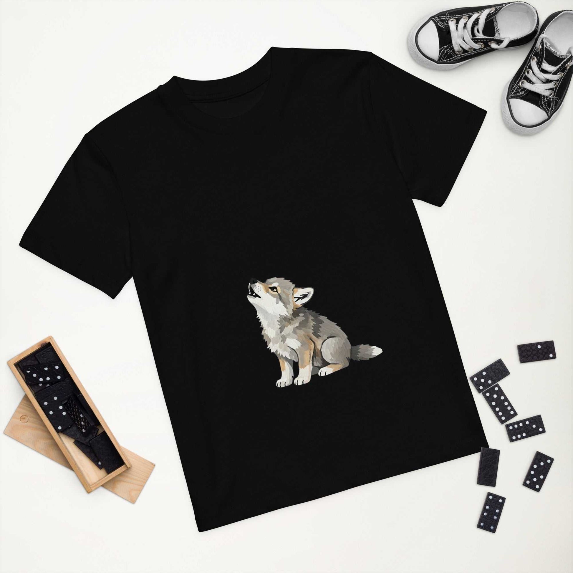 Flat lay of black Kids Organic Cotton T-Shirt with Baby Wolf Design by HenryPawHaven. Stylish and eco-friendly toddler apparel.