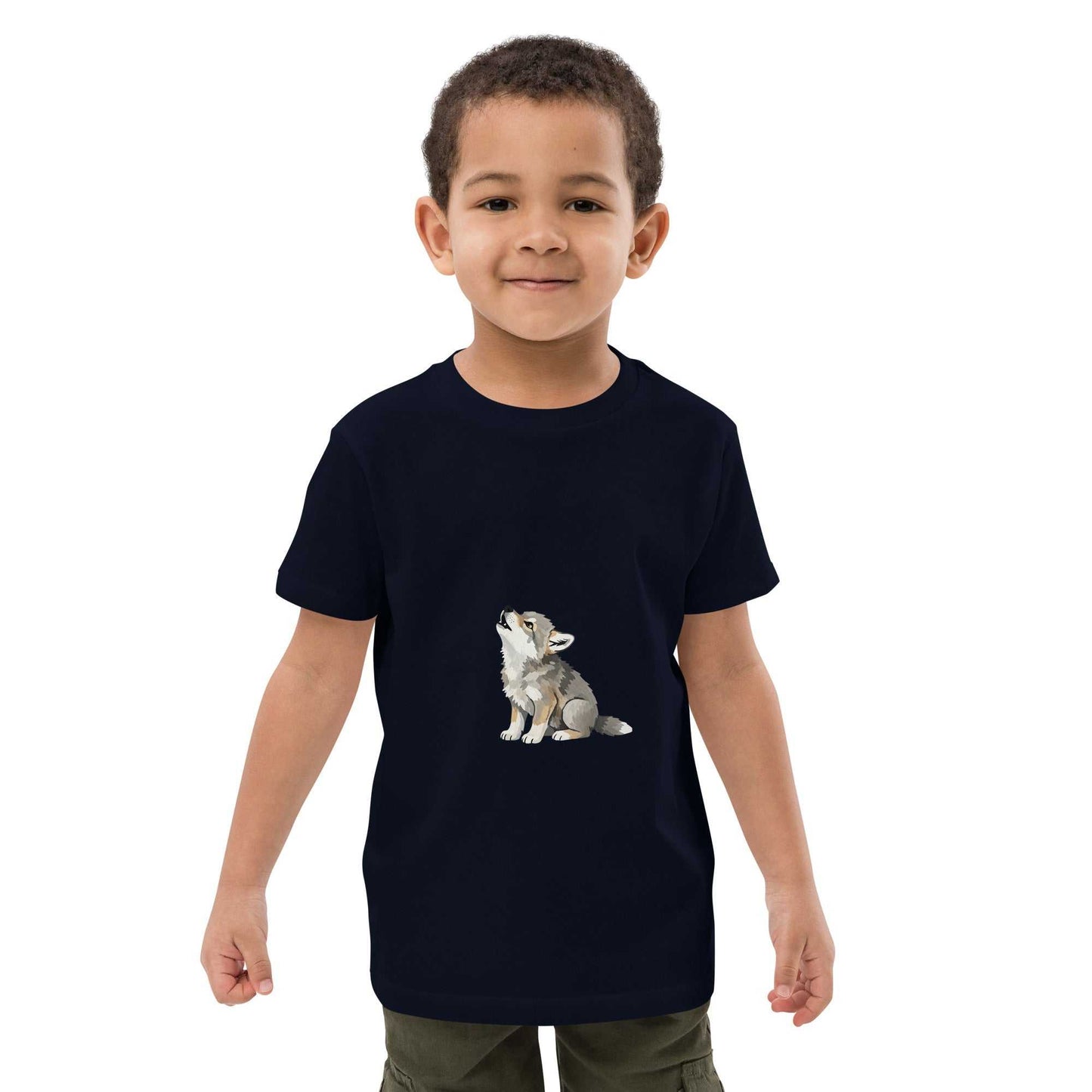 Front view of navy Kids Organic Cotton T-Shirt with Baby Wolf Design worn by child. HenryPawHaven's eco-friendly toddler top.