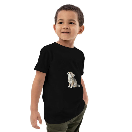 Kids Organic Cotton T-Shirt - Baby Wolf Design in black by HenryPawHaven, eco-friendly and GOTS certified. Features a cute howling wolf print.