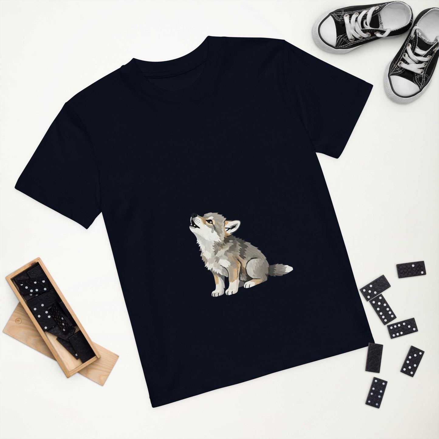 Flat lay of navy Kids Organic Cotton T-Shirt with Baby Wolf Design from HenryPawHaven. Sustainable and soft toddler clothing.