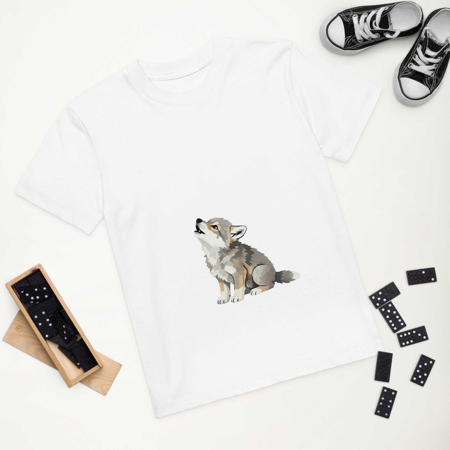 Flat lay of white Kids Organic Cotton T-Shirt with Baby Wolf Design by HenryPawHaven. GOTS certified and perfect for toddlers.