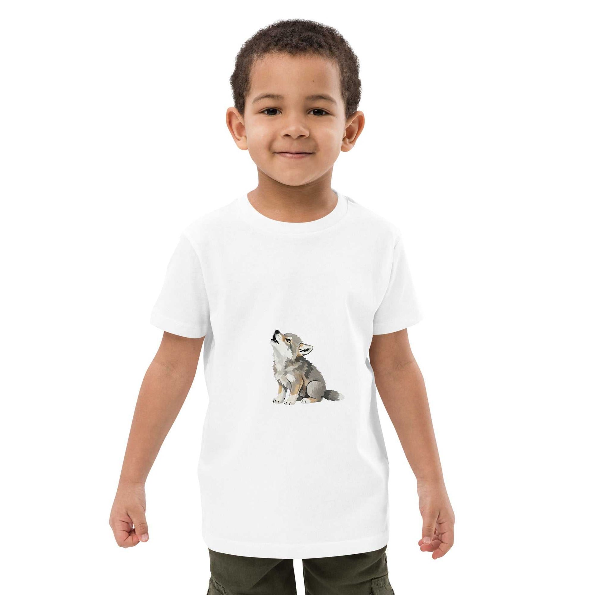 Front view of child in white Kids Organic Cotton T-Shirt with Baby Wolf Design from HenryPawHaven. Soft, eco-friendly toddler tee.