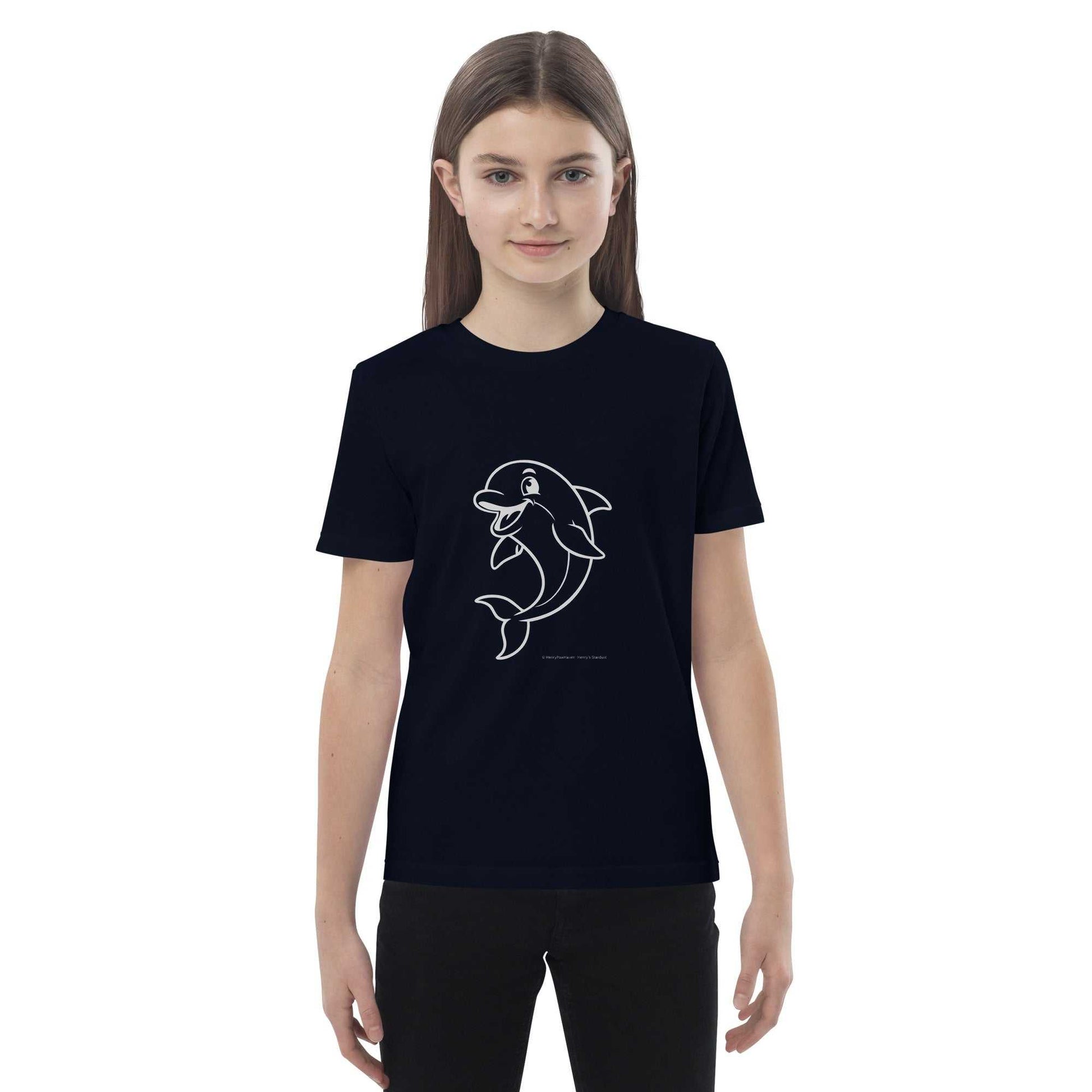 Front view of navy Kids Organic Cotton T-Shirt with Dolphin Design worn by a child. GOTS certified and sustainably made.