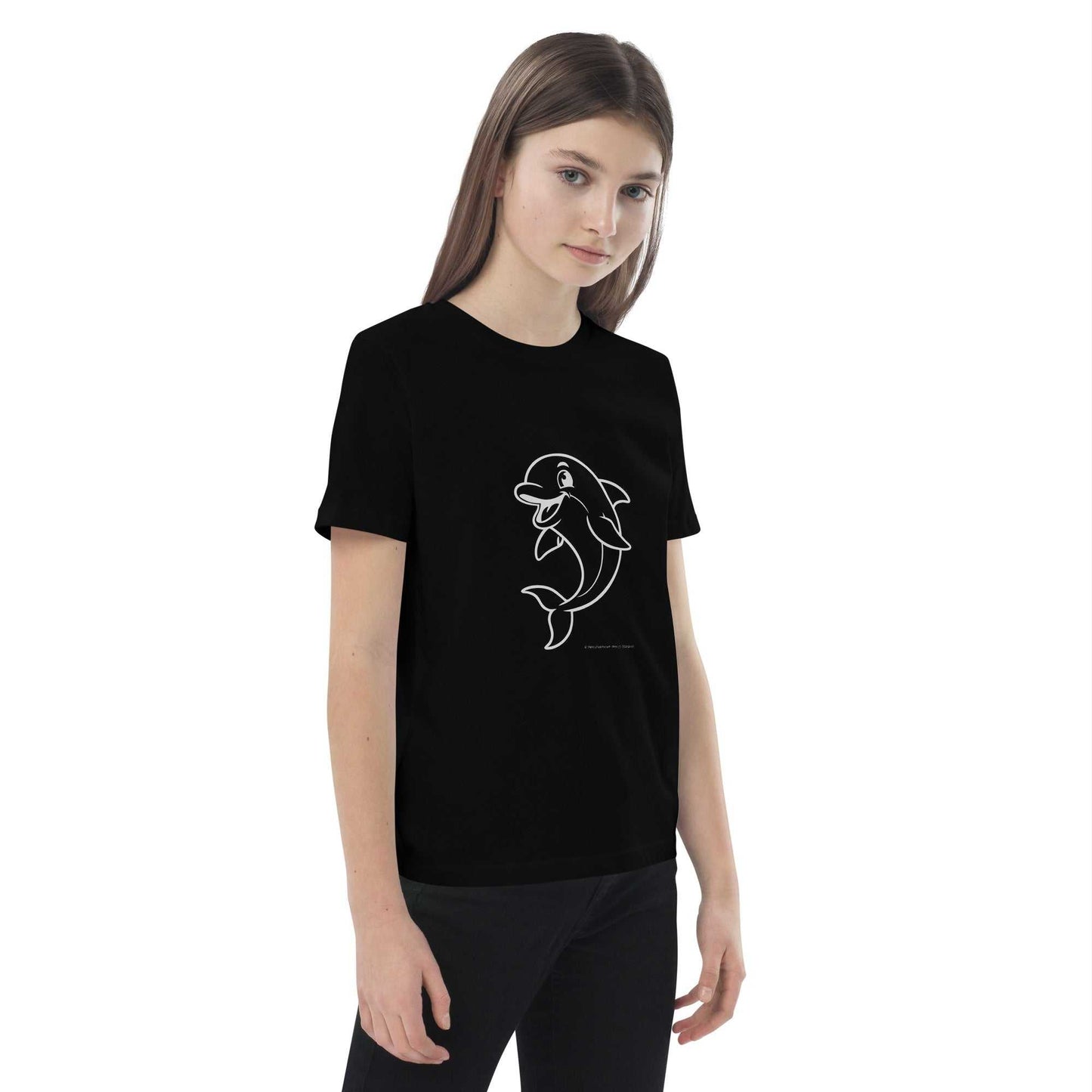 Angled front view of black Kids Organic Cotton T-Shirt with Dolphin Design on a child. Sustainable and GOTS certified kidswear.