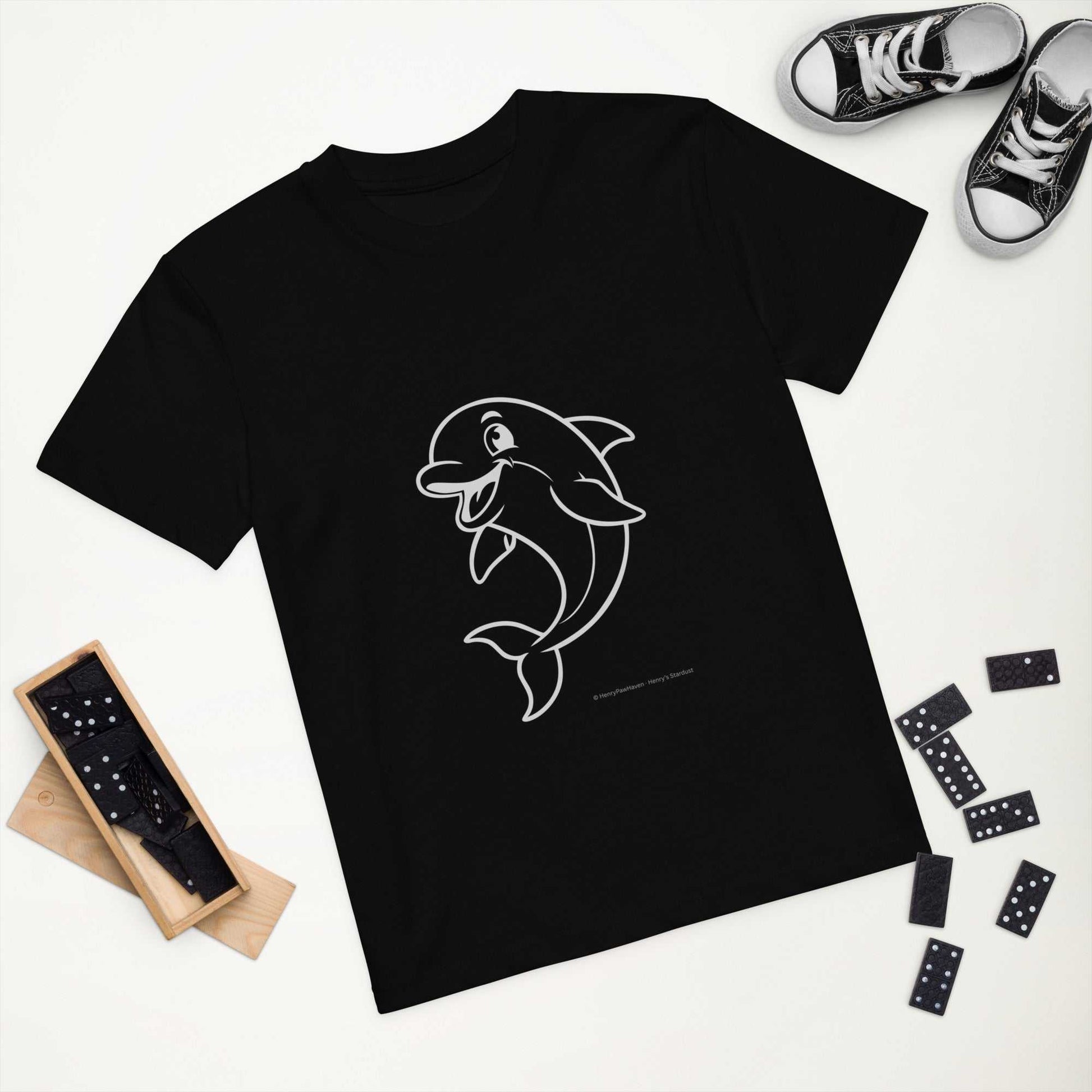 Flat lay of black Kids Organic Cotton T-Shirt with Dolphin Design. Eco-friendly and GOTS certified, ideal for conscious families.