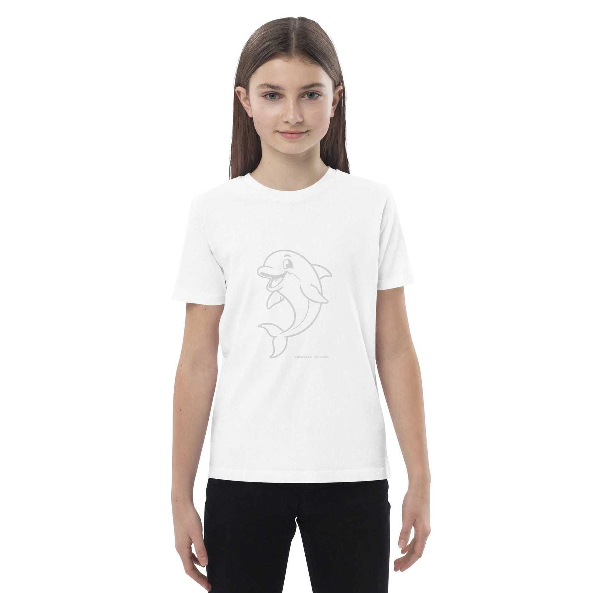 Front view of white Kids Organic Cotton T-Shirt with Dolphin Design worn by a child. GOTS certified and eco-friendly material.