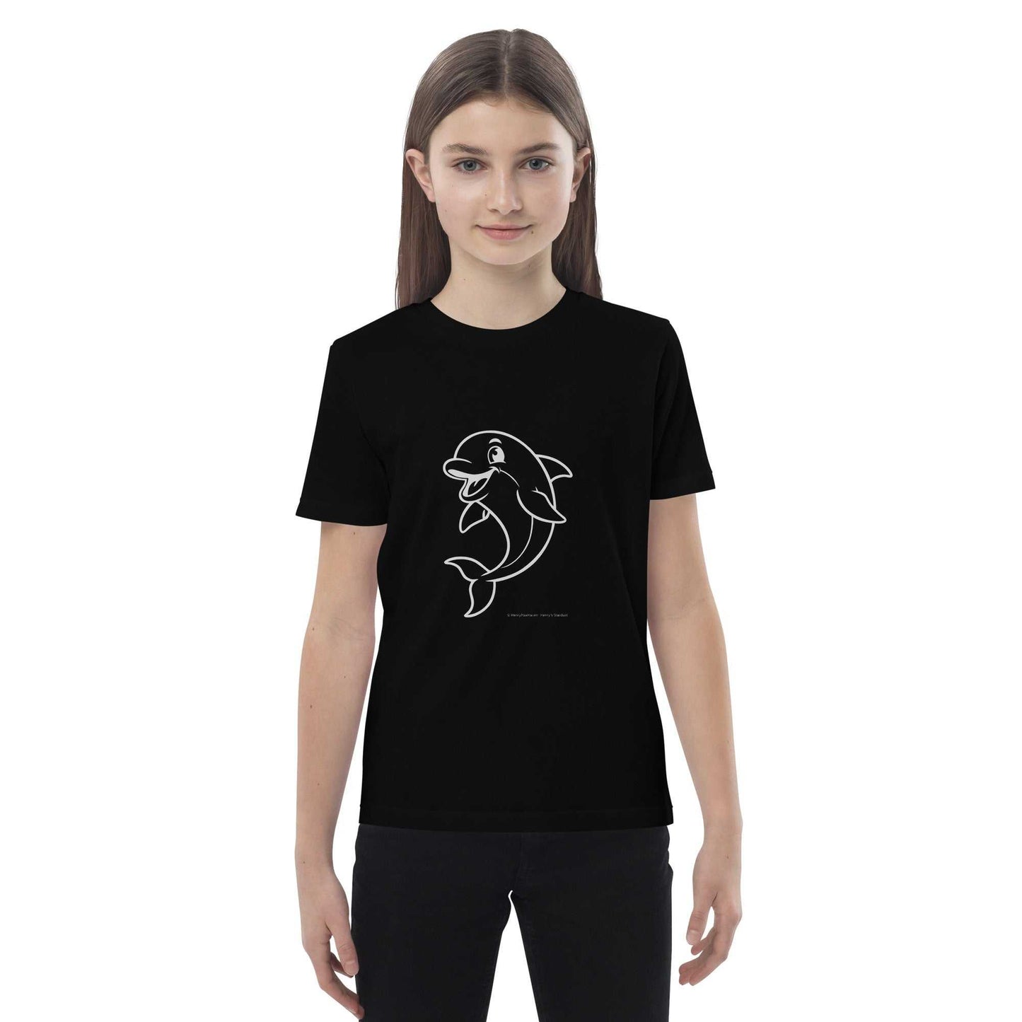 Kids Organic Cotton T-Shirt with Dolphin Design in black, worn by a child. GOTS certified and eco-friendly for sustainable fashion.