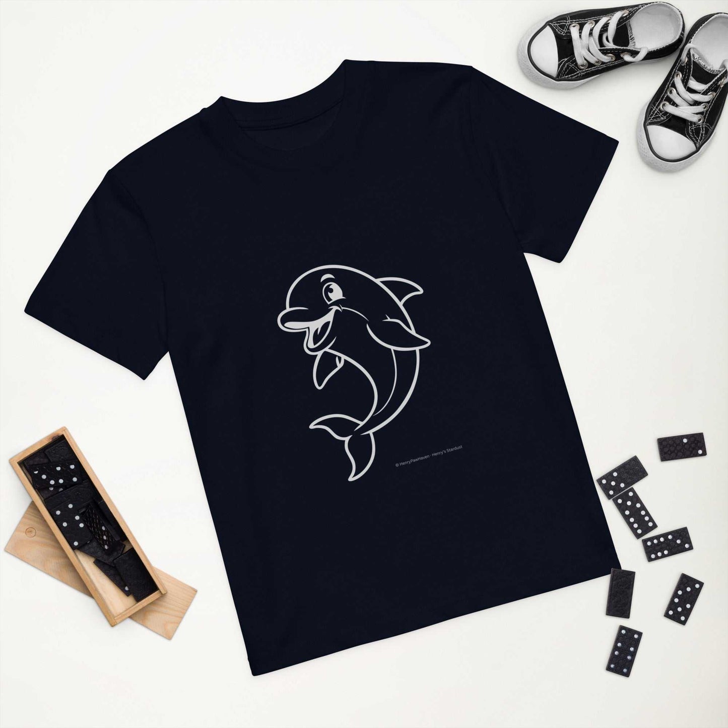 Navy Kids Organic Cotton T-Shirt with Dolphin Design displayed flat. Made from GOTS certified organic cotton for eco-conscious kids.