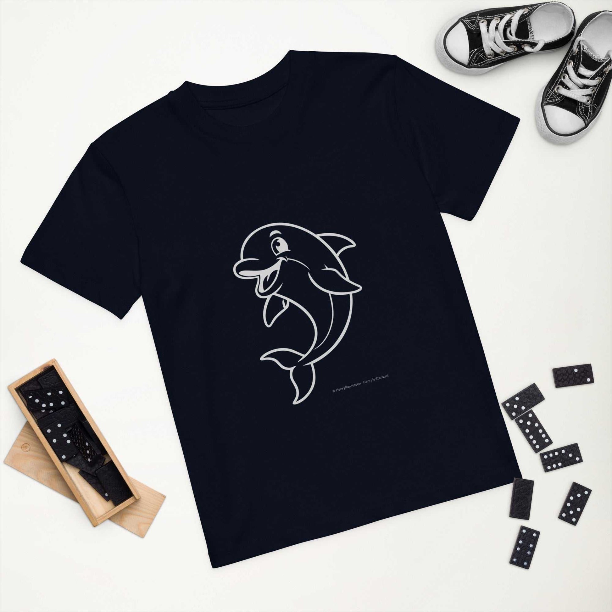 Navy Kids Organic Cotton T-Shirt with Dolphin Design displayed flat. Made from GOTS certified organic cotton for eco-conscious kids.
