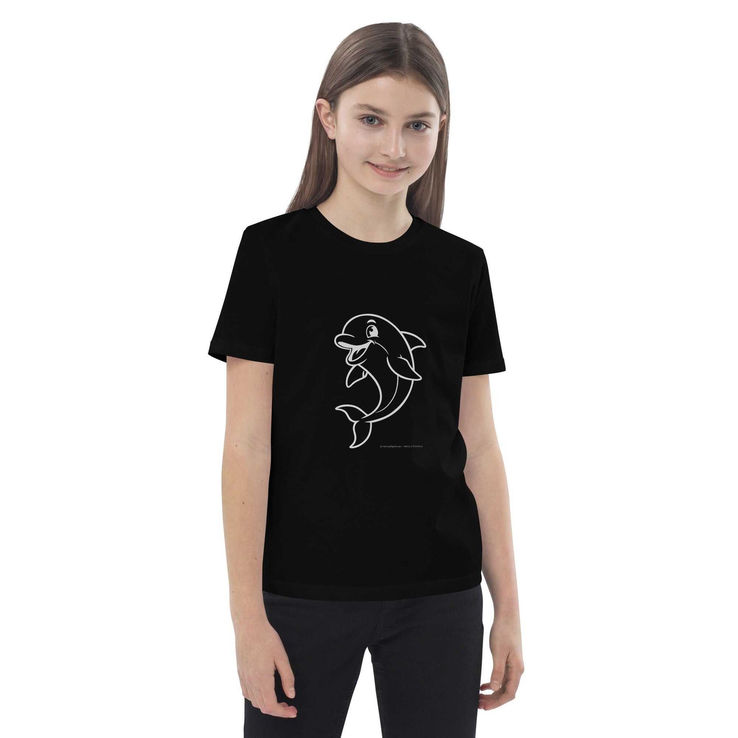 Side view of child wearing black Kids Organic Cotton T-Shirt with Dolphin Design. Eco-friendly and GOTS certified for kids' comfort.
