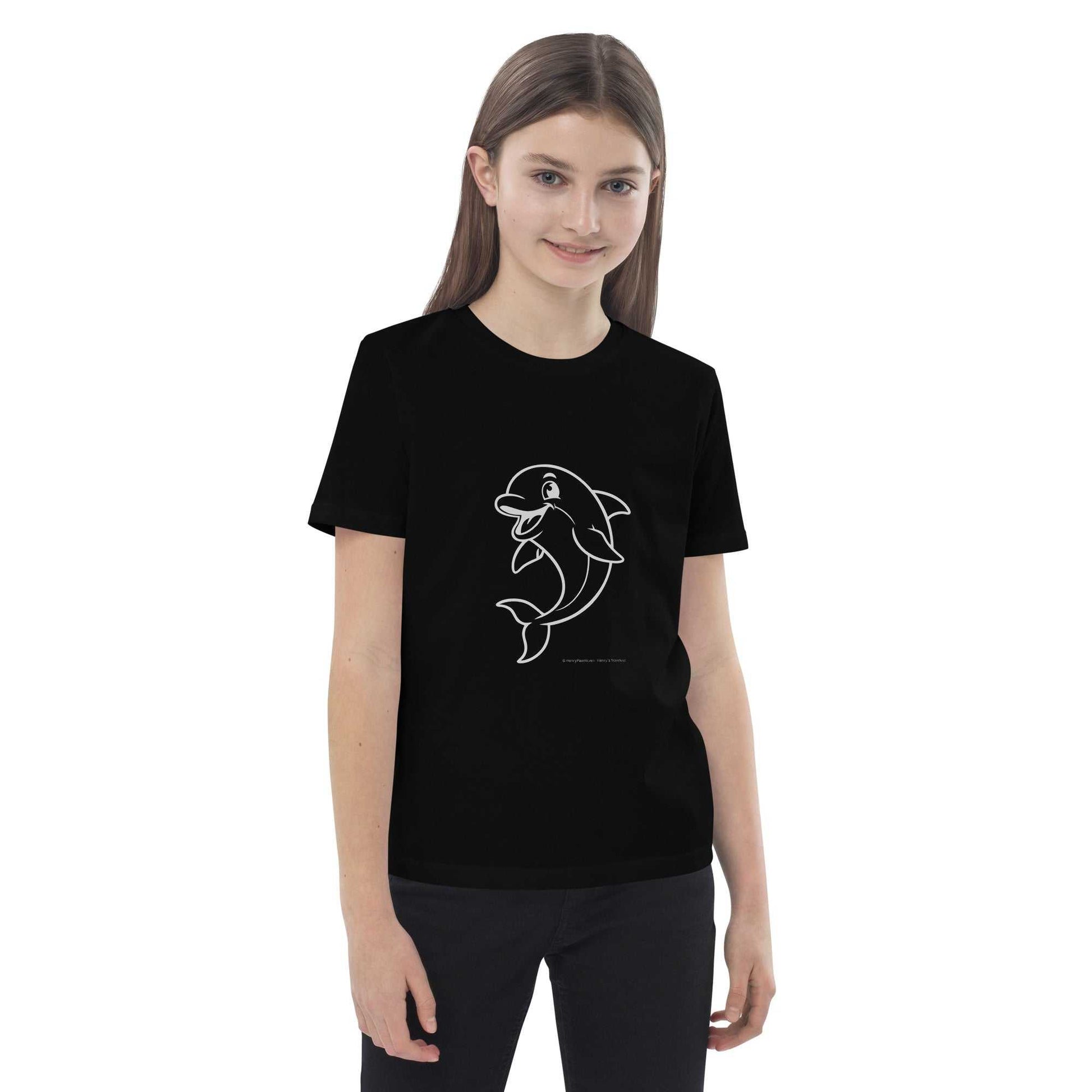 Side view of child wearing black Kids Organic Cotton T-Shirt with Dolphin Design. Eco-friendly and GOTS certified for kids' comfort.