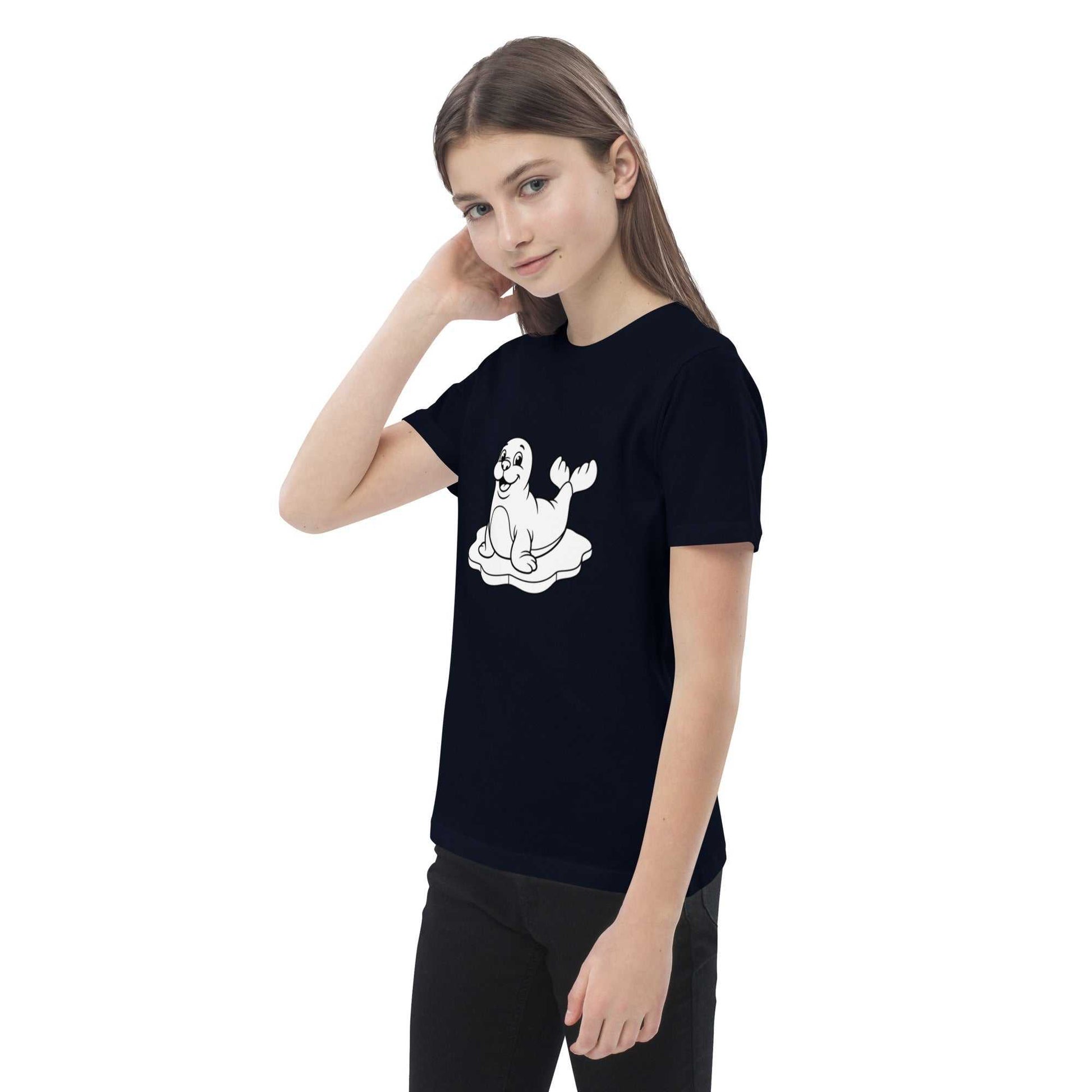 Navy kids t-shirt with a playful seal design, made from GOTS-certified organic cotton, perfect for eco-conscious kids.