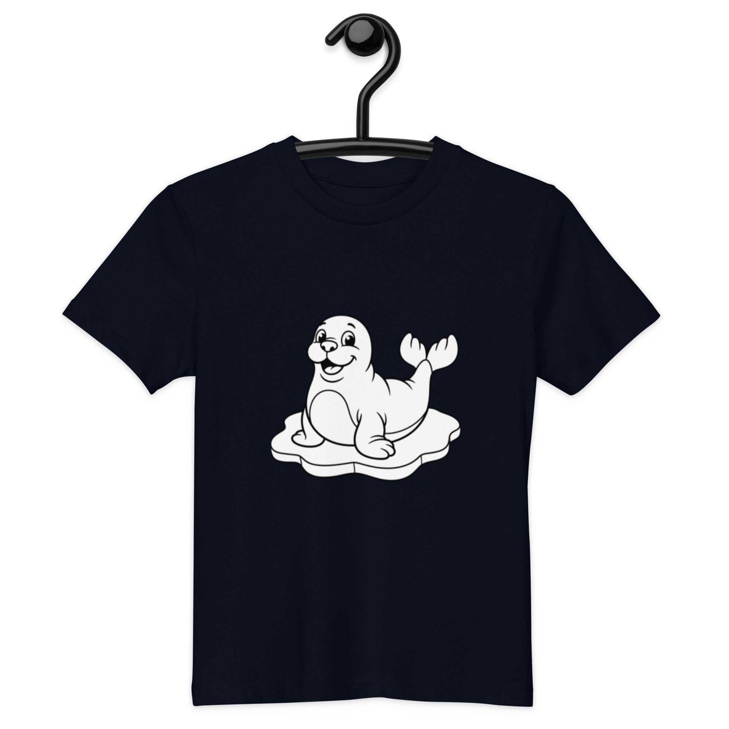 Navy eco-friendly kids t-shirt on hanger with a funny seal print, made from organic cotton for sustainable kids apparel.
