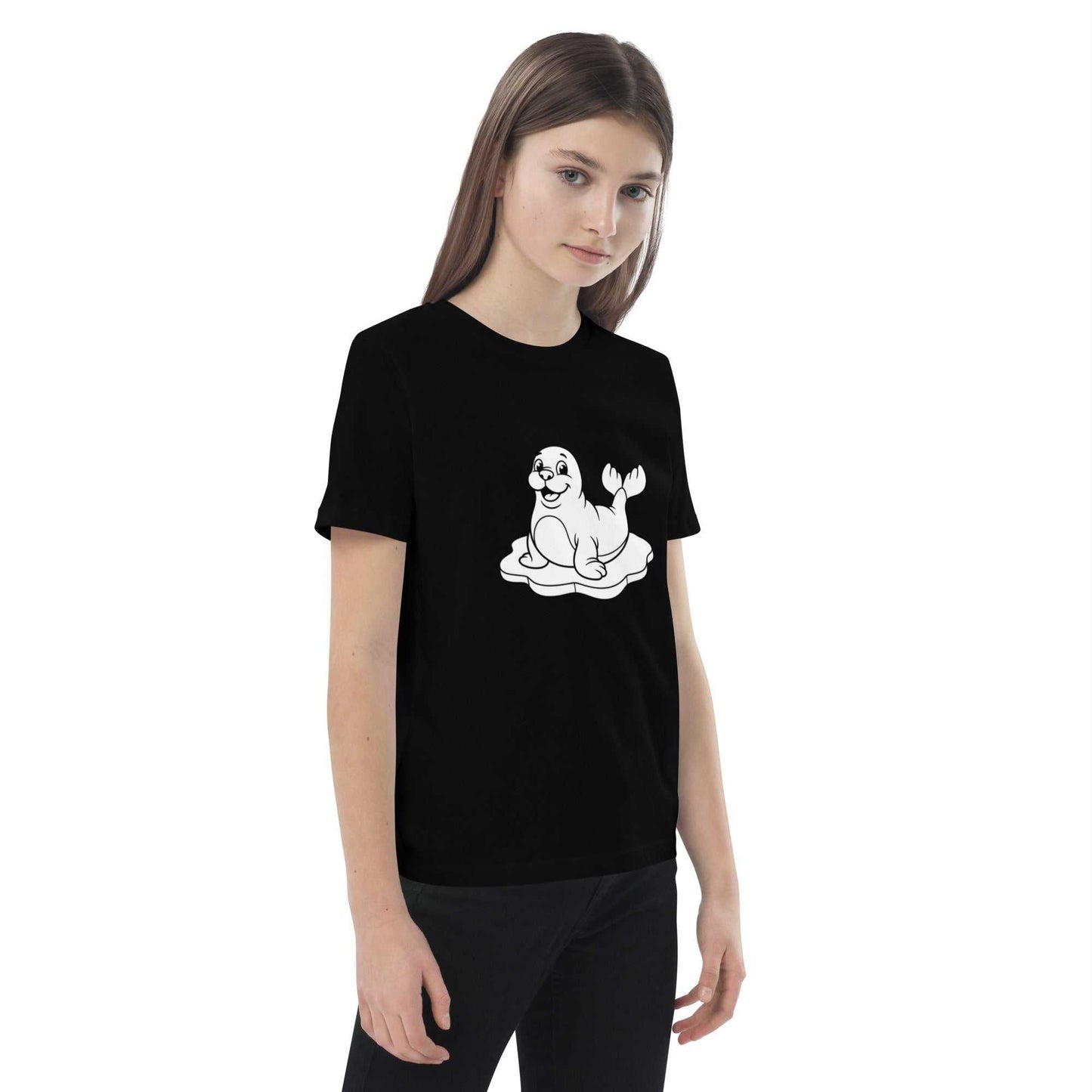 Side view of black eco-friendly kids t-shirt with seal design, made from soft organic cotton for everyday wear.
