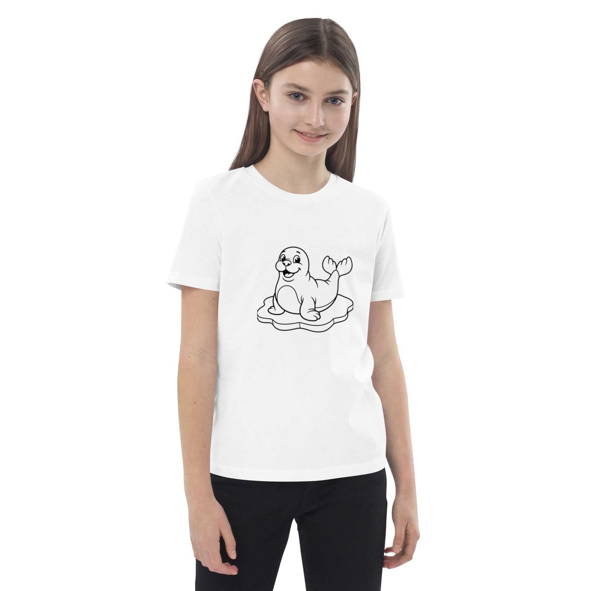 Front view of white organic cotton kids t-shirt with seal design, ideal for eco-friendly and playful kids fashion.