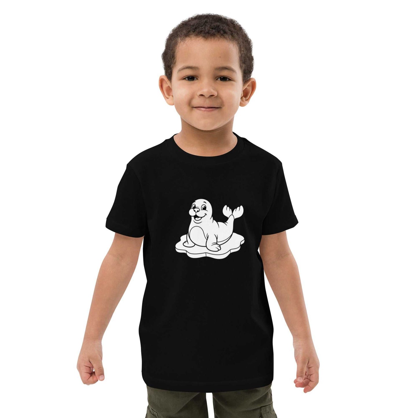 Black eco-friendly kids t-shirt featuring a cute seal graphic, ideal for playful and sustainable kids clothing made from organic cotton.