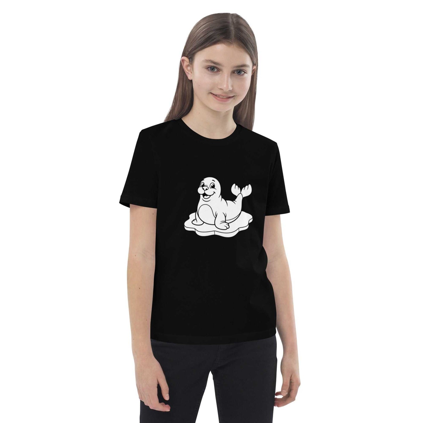 Black organic cotton kids t-shirt with funny seal design, worn by a child, part of eco-friendly kids apparel line.