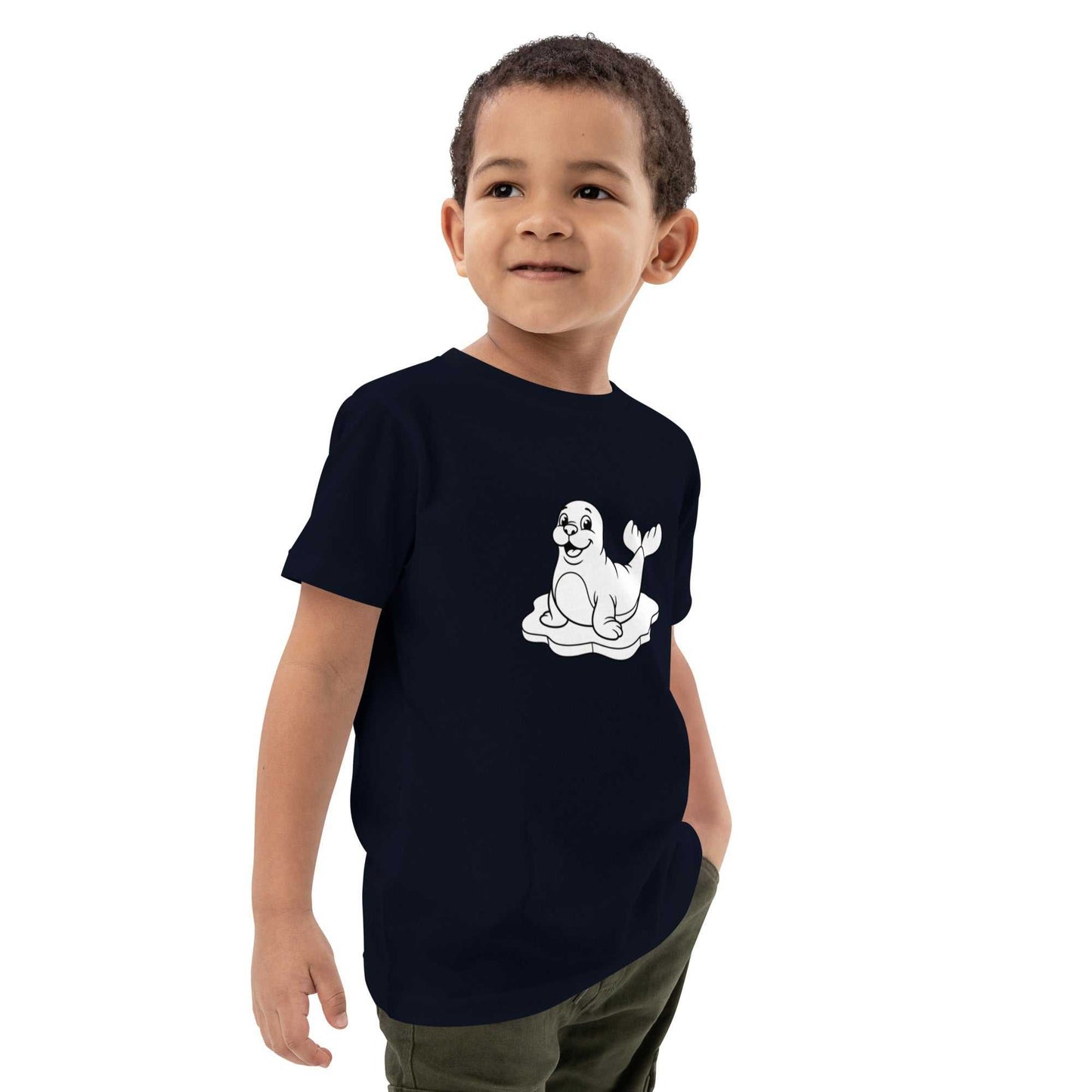 Kids navy t-shirt with a funny seal illustration, made from GOTS certified organic cotton for sustainable and stylish kidswear.
