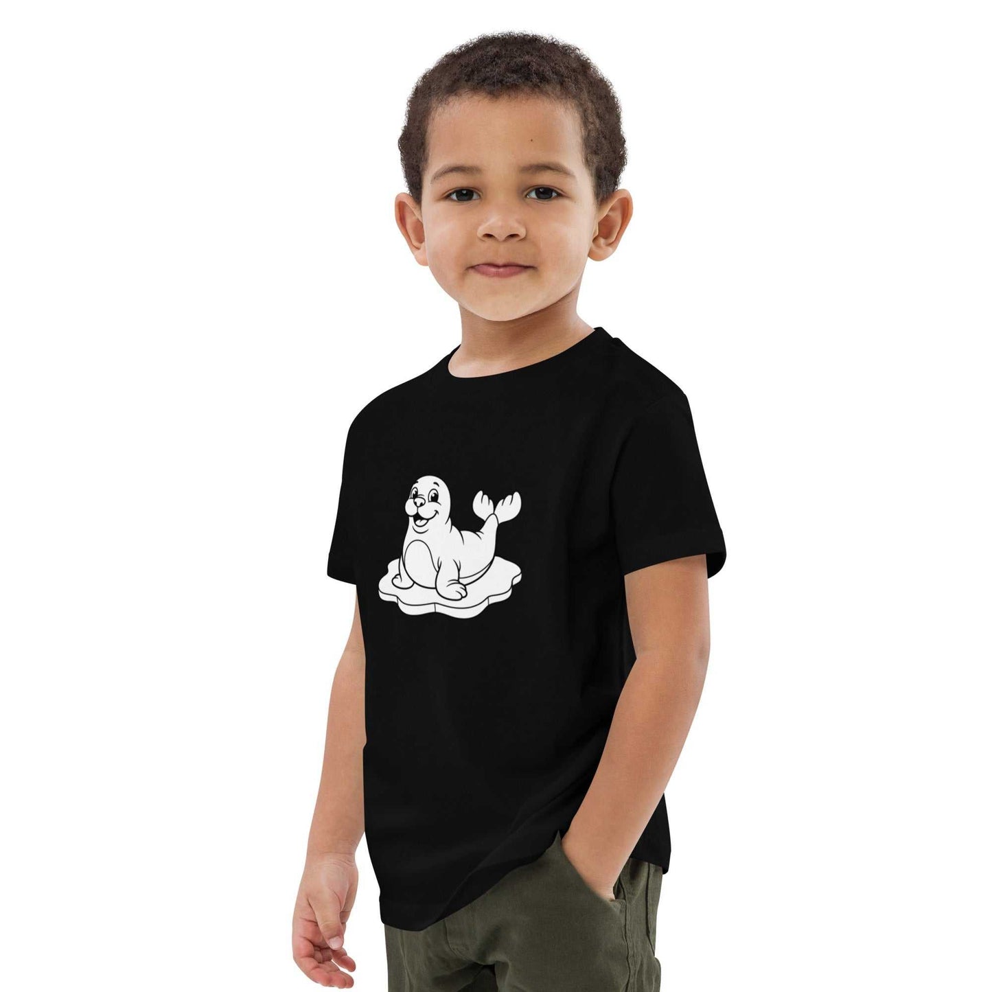 Sustainable black kids t-shirt with a cheerful seal print, crafted from GOTS certified organic cotton for everyday wear.