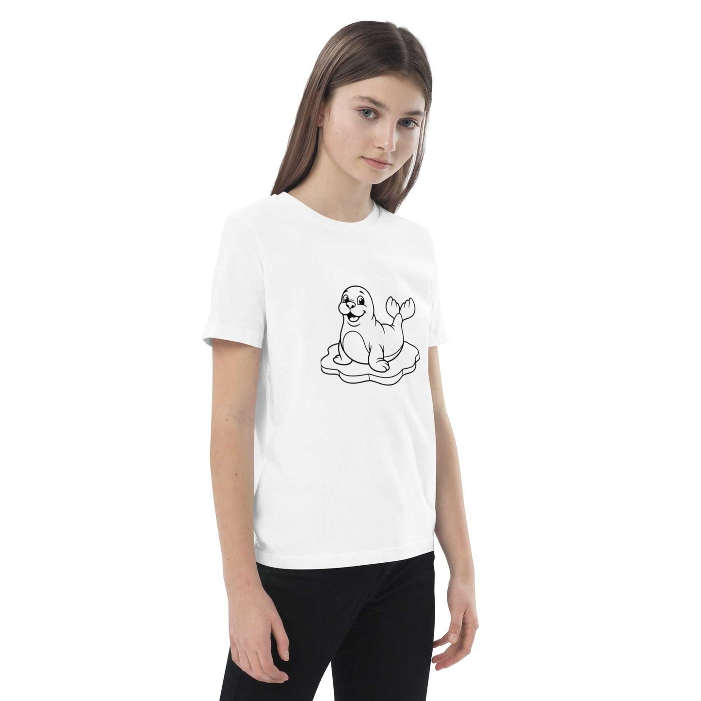 Side view of white eco-friendly kids t-shirt with seal illustration, crafted from soft organic cotton for daily comfort.