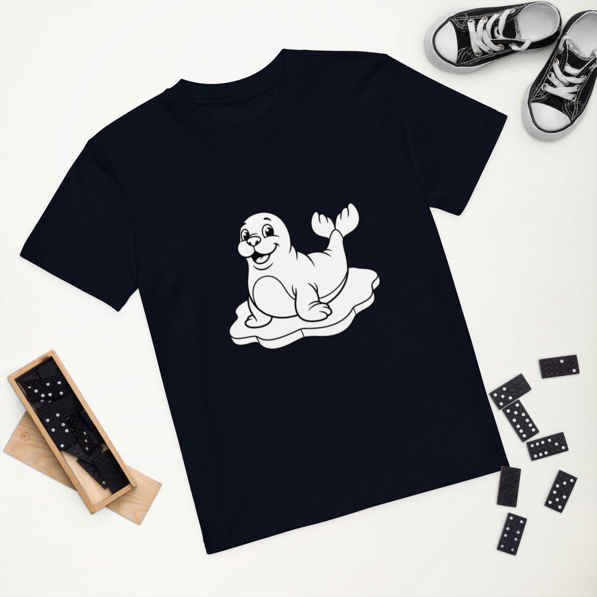 Navy eco-friendly kids t-shirt with a playful seal print, made from organic cotton for sustainable kids fashion.