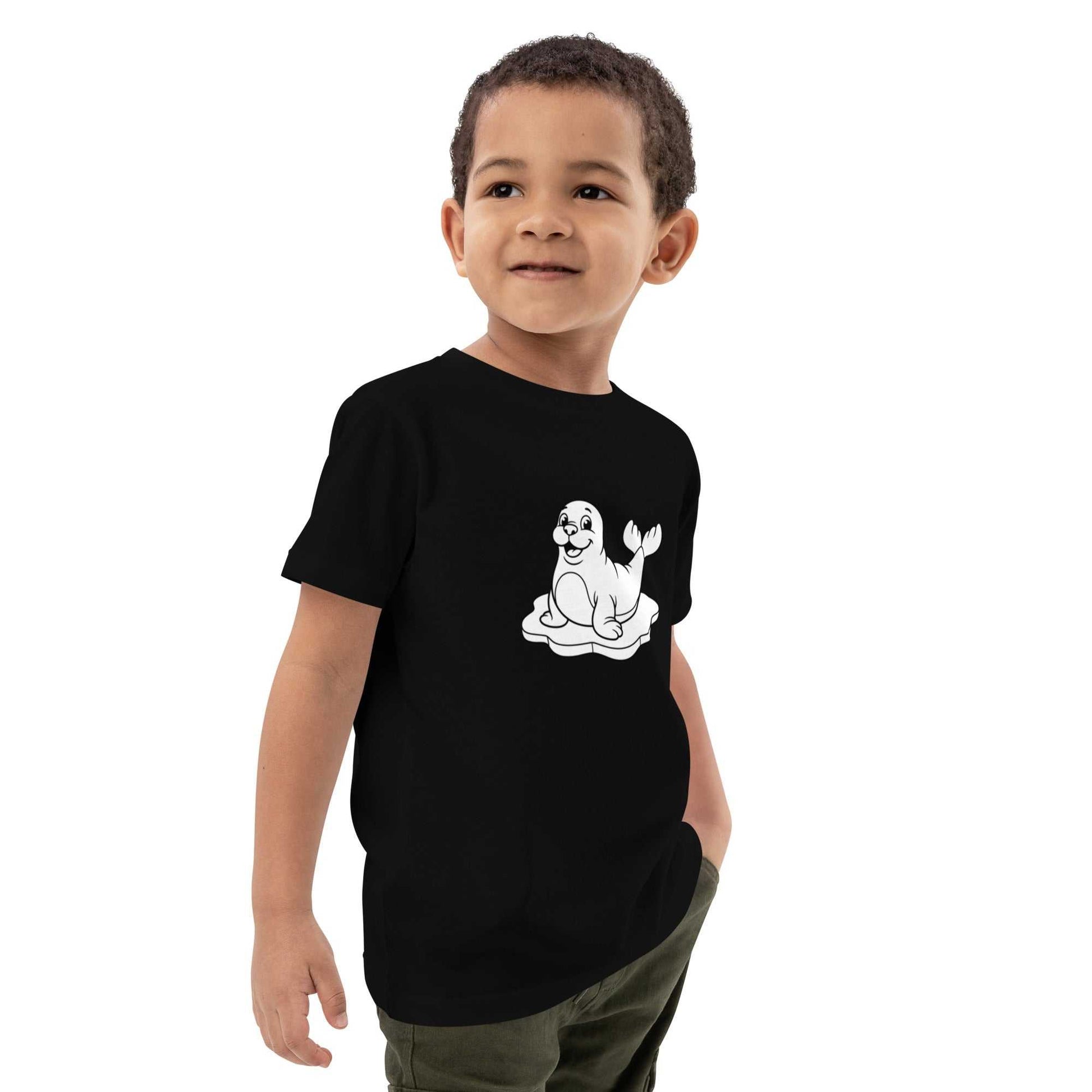 Organic cotton black kids t-shirt with a funny seal design, offering eco-friendly comfort and style for active children.