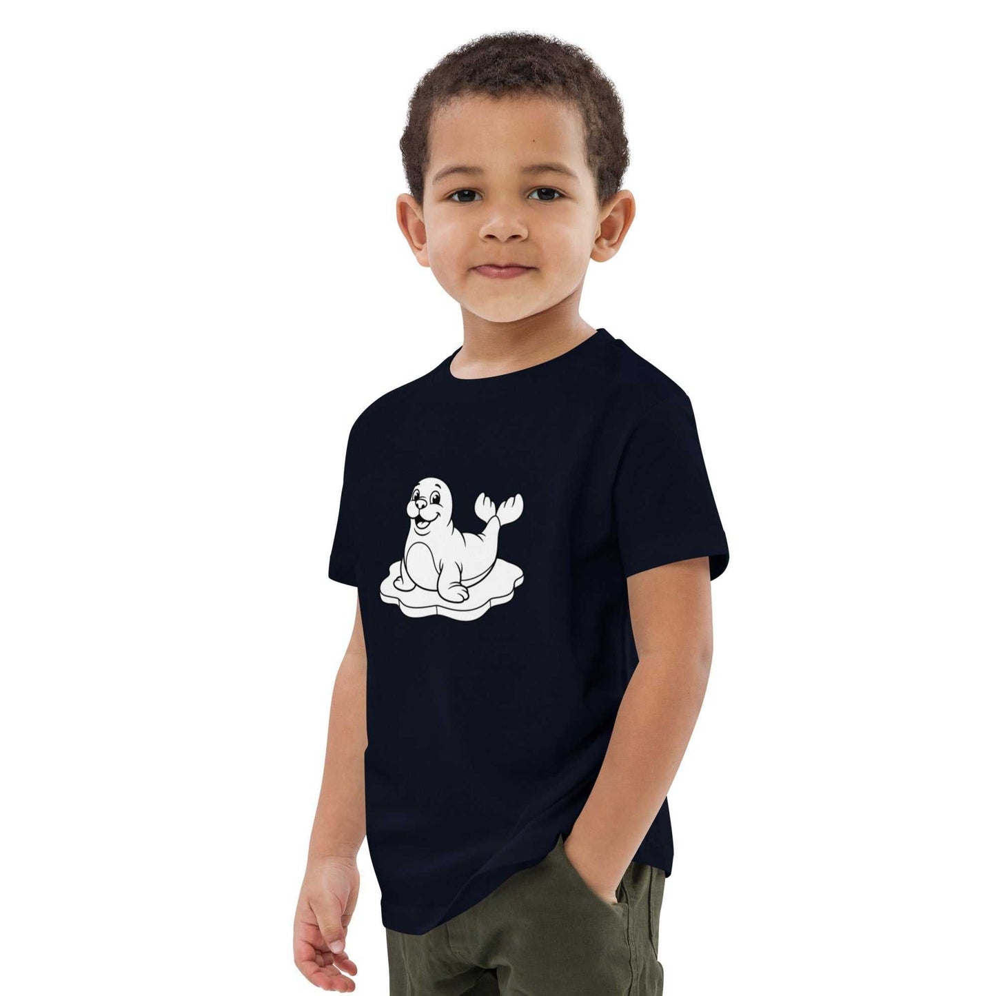 Eco-conscious navy kids t-shirt featuring a playful seal design, perfect for comfortable and sustainable children's clothing.