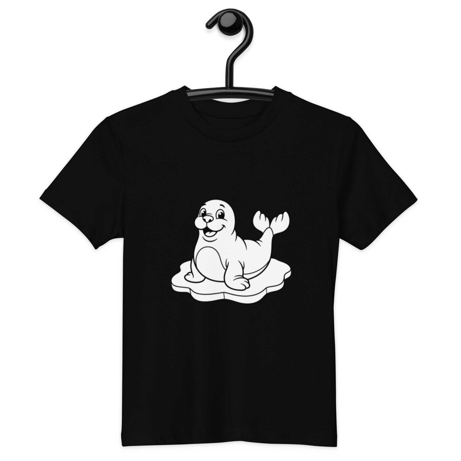 Black kids t-shirt on hanger with a funny seal design, crafted from eco-friendly organic cotton for sustainable kidswear.