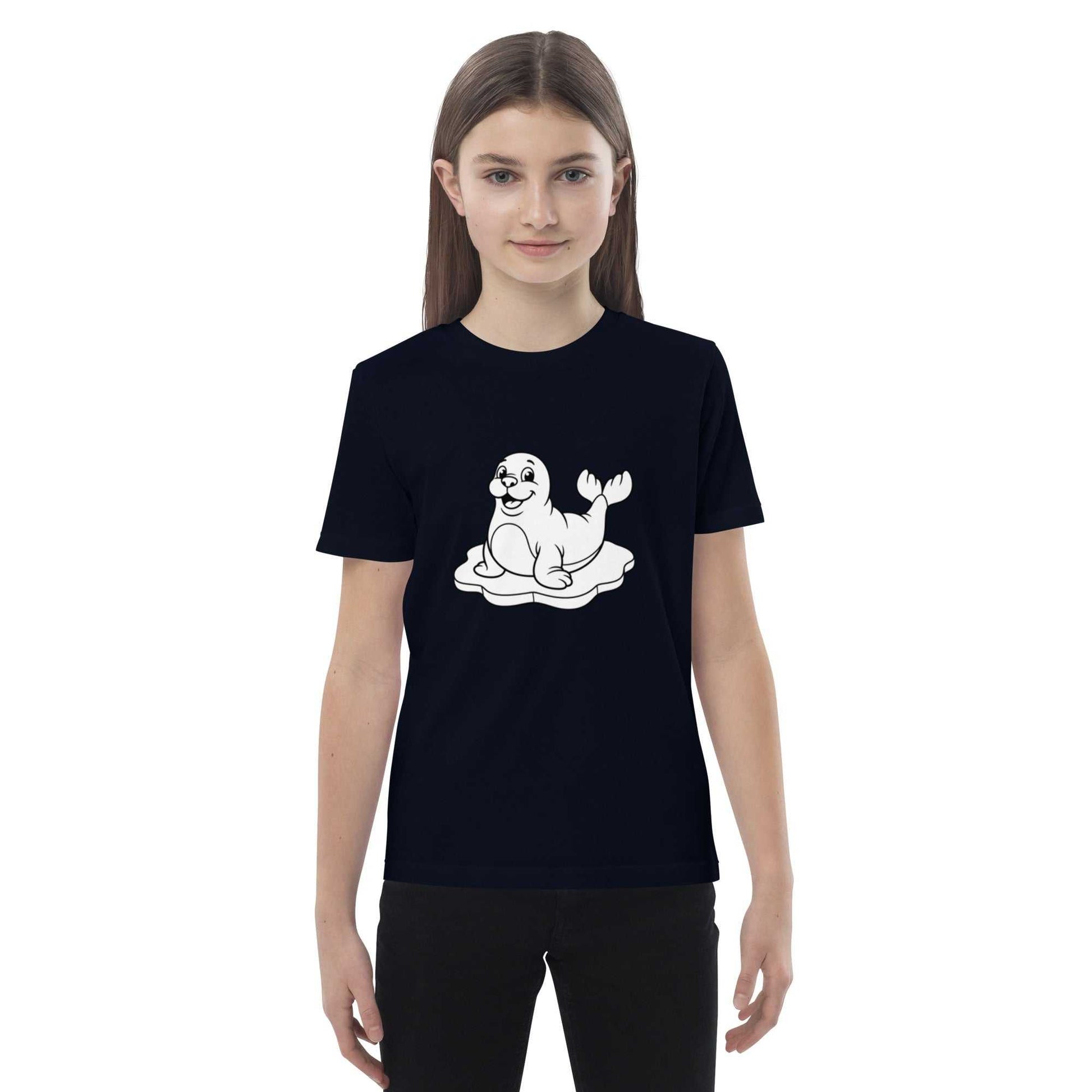 Navy organic cotton kids t-shirt with funny seal design, modeled by a child, part of sustainable kids clothing range.