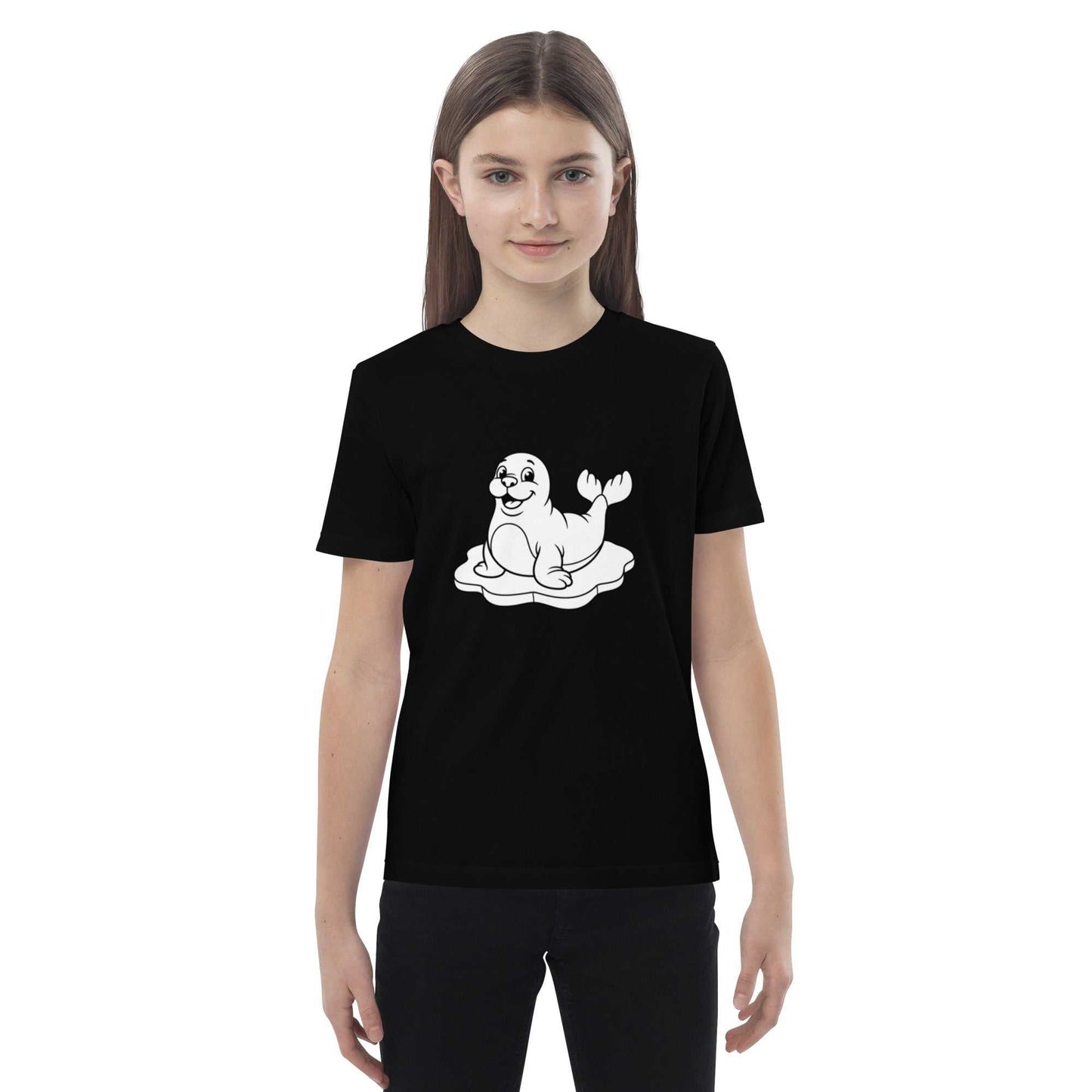 Eco-friendly kids t-shirt in black with a funny seal design, made from organic cotton. Ideal for playful and sustainable kids' apparel.